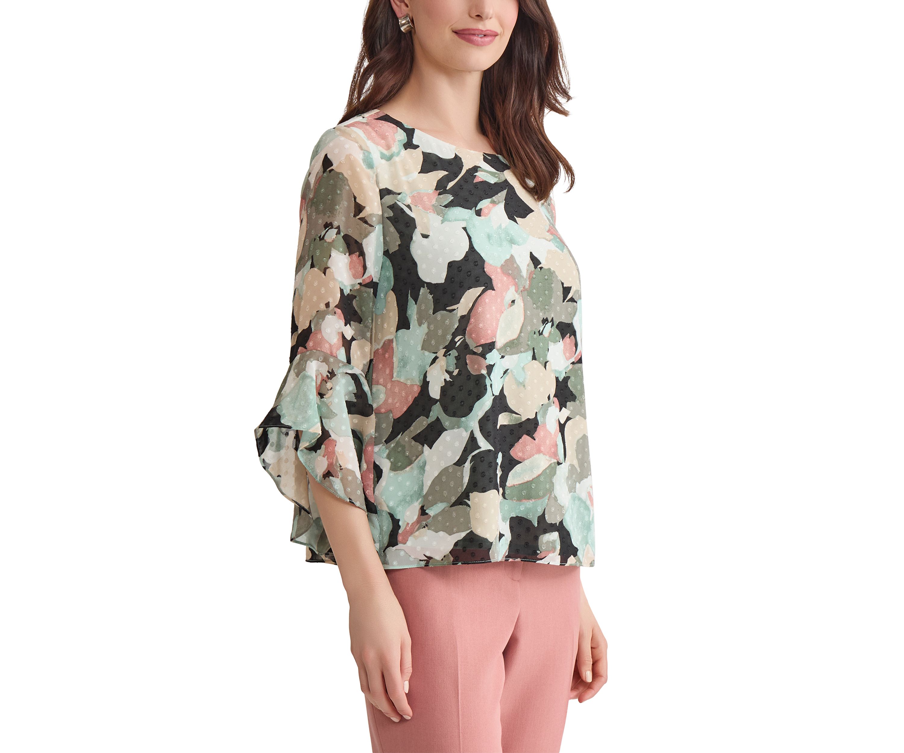 Womens Multi Floral Printed Ruffle Blouse