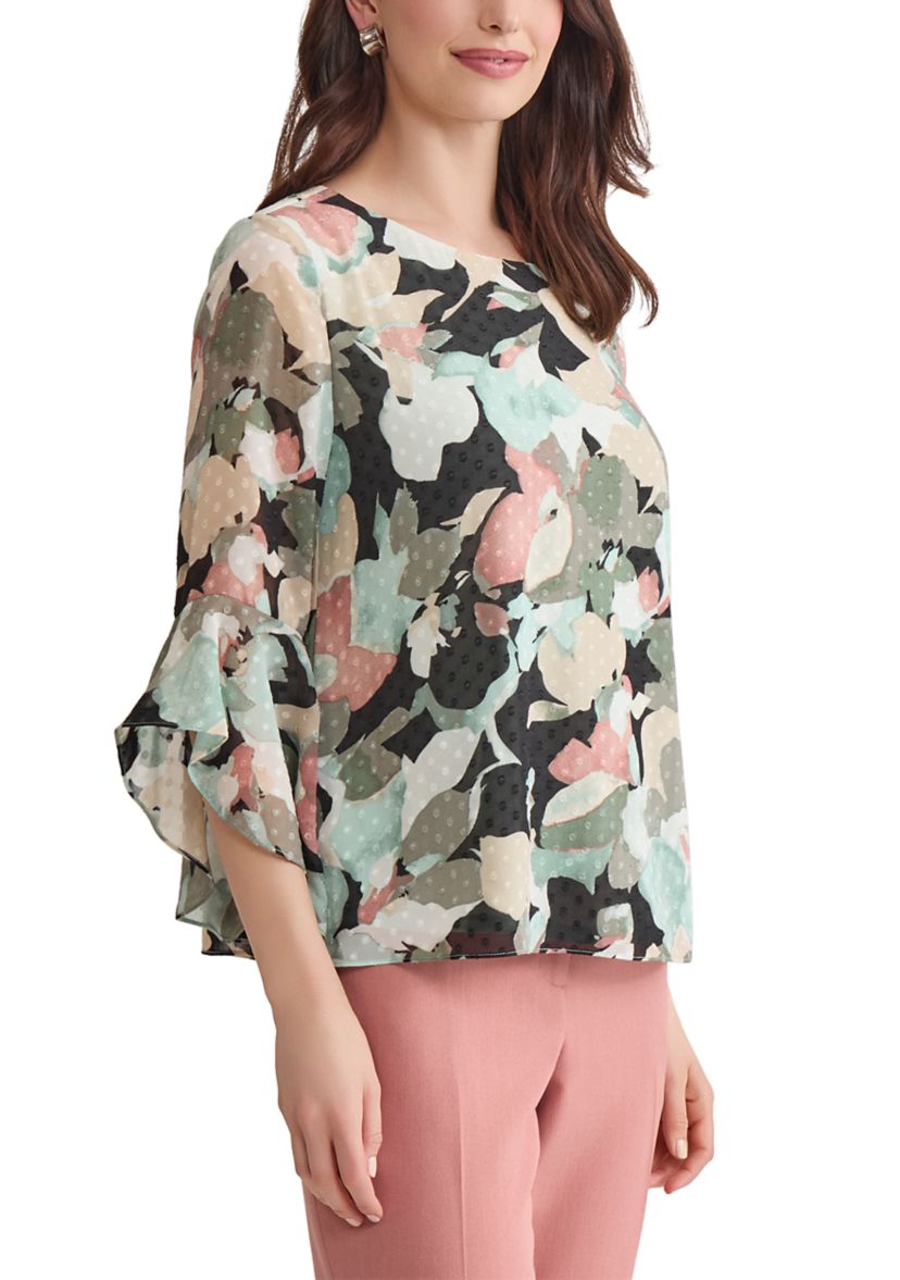 Womens Multi Floral Printed Ruffle Blouse