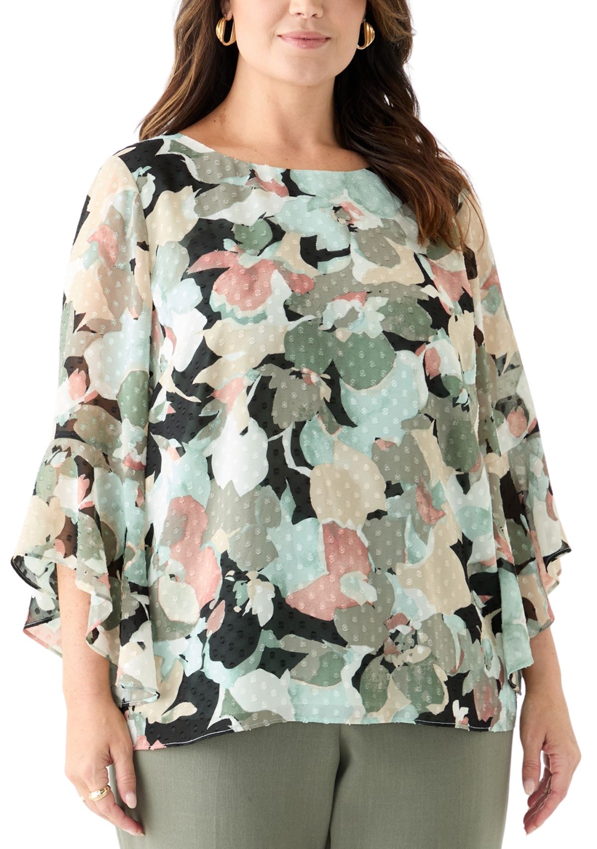 Plus Size Multi Floral Print Ruffle Sleeve Blouse