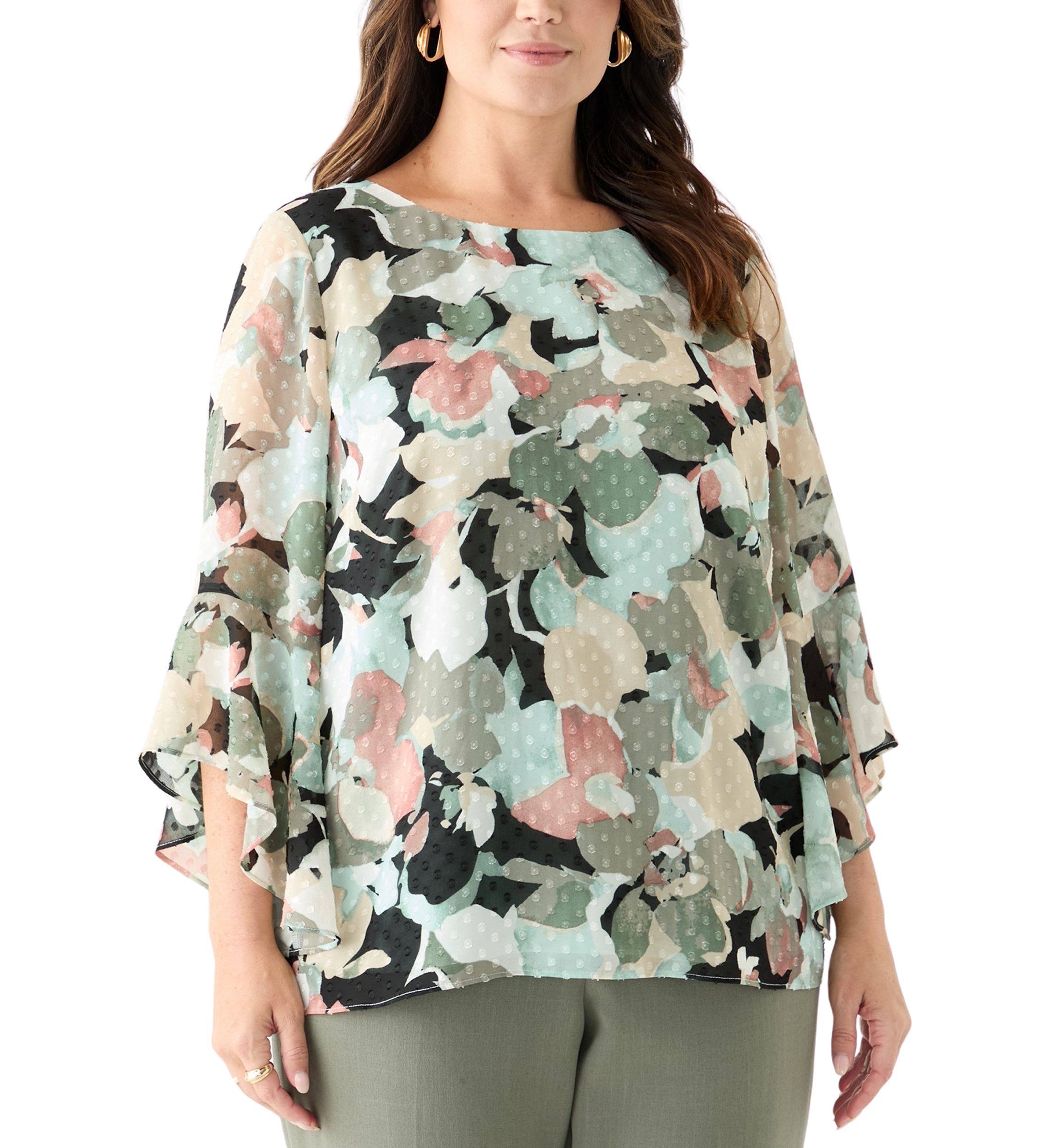 Plus Size Multi Floral Print Ruffle Sleeve Blouse