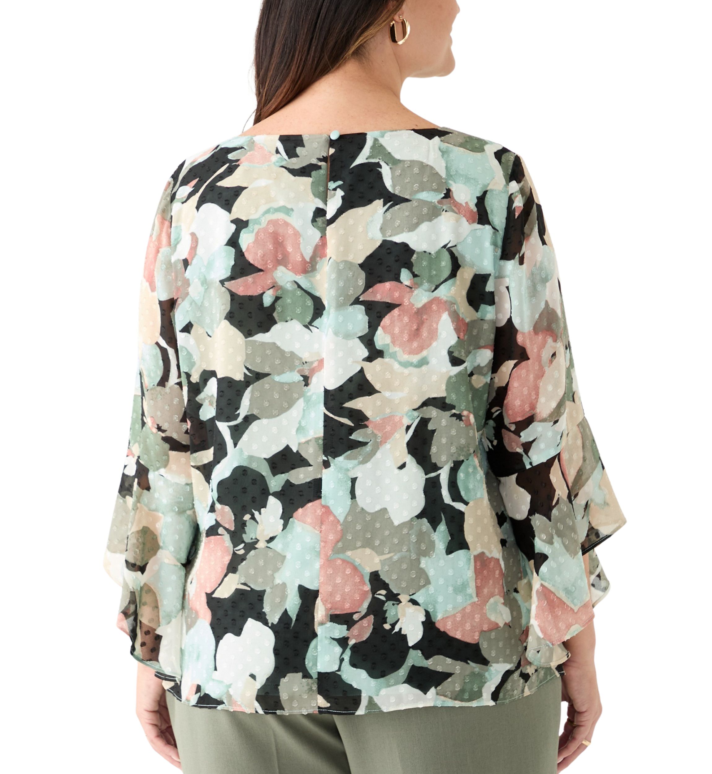 Plus Size Multi Floral Print Ruffle Sleeve Blouse