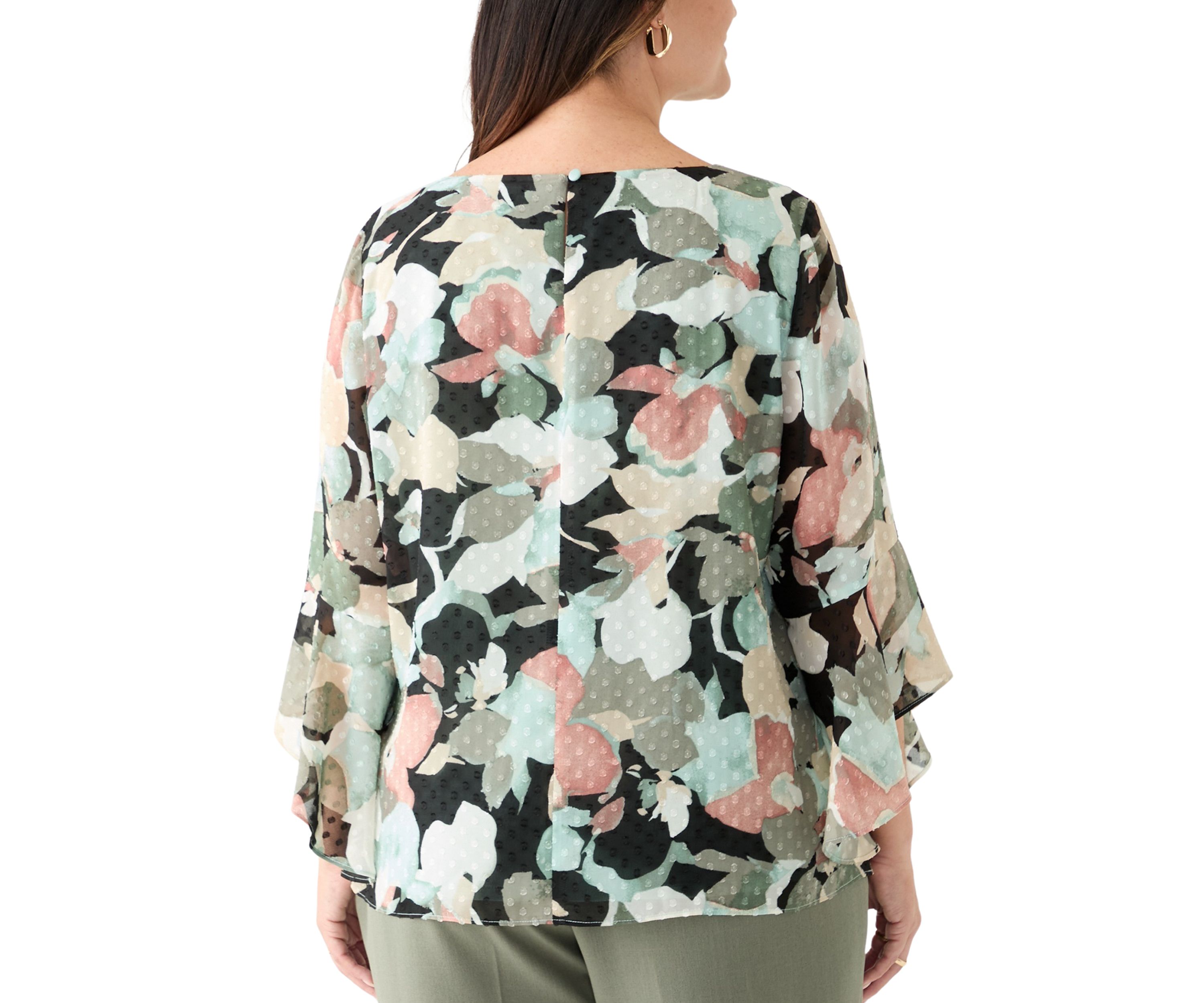 Plus Size Multi Floral Print Ruffle Sleeve Blouse