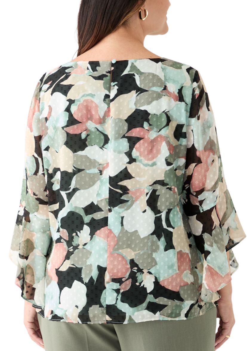 Plus Size Multi Floral Print Ruffle Sleeve Blouse