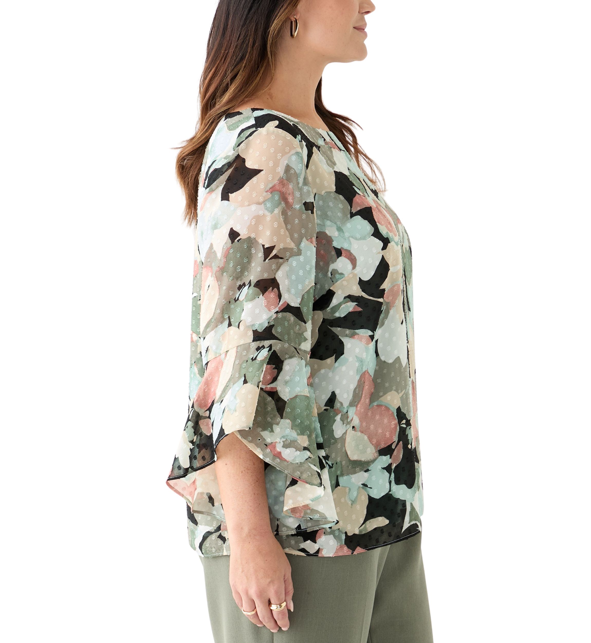 Plus Size Multi Floral Print Ruffle Sleeve Blouse