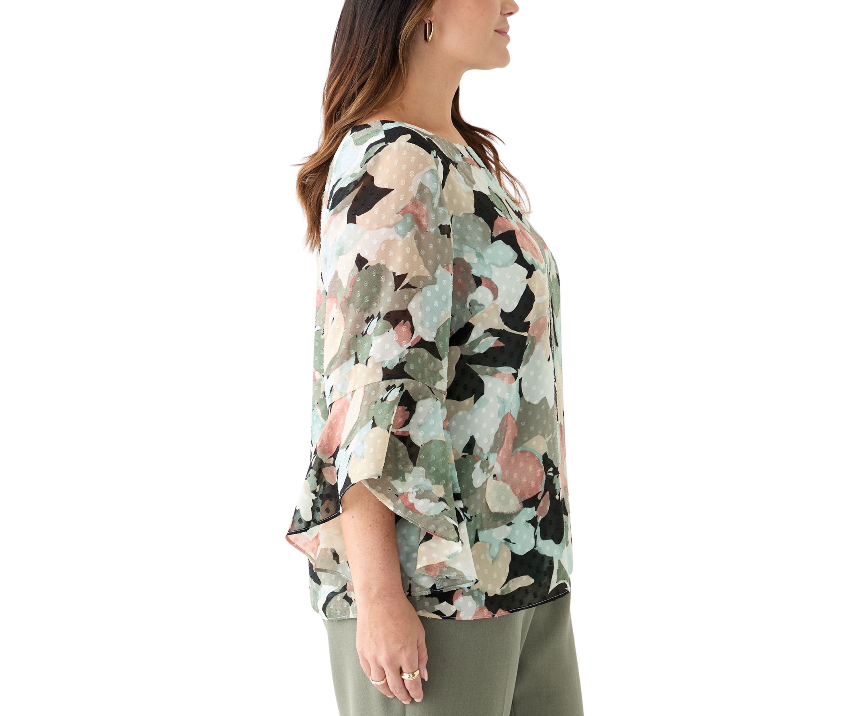 Plus Size Multi Floral Print Ruffle Sleeve Blouse