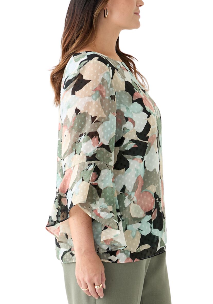 Plus Size Multi Floral Print Ruffle Sleeve Blouse
