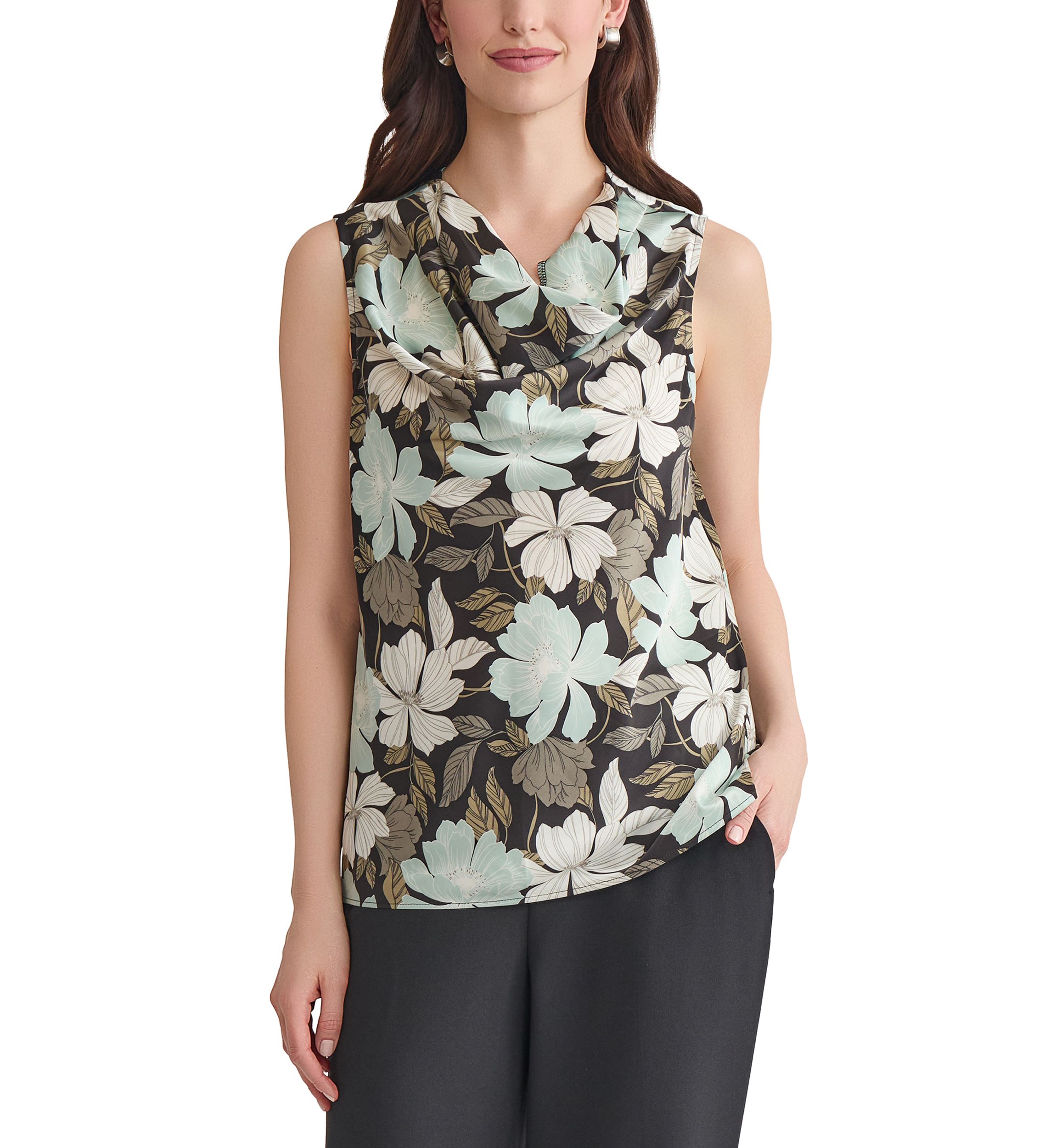 Womens Floral Printed Cowl Neck Sleeveless Blouse