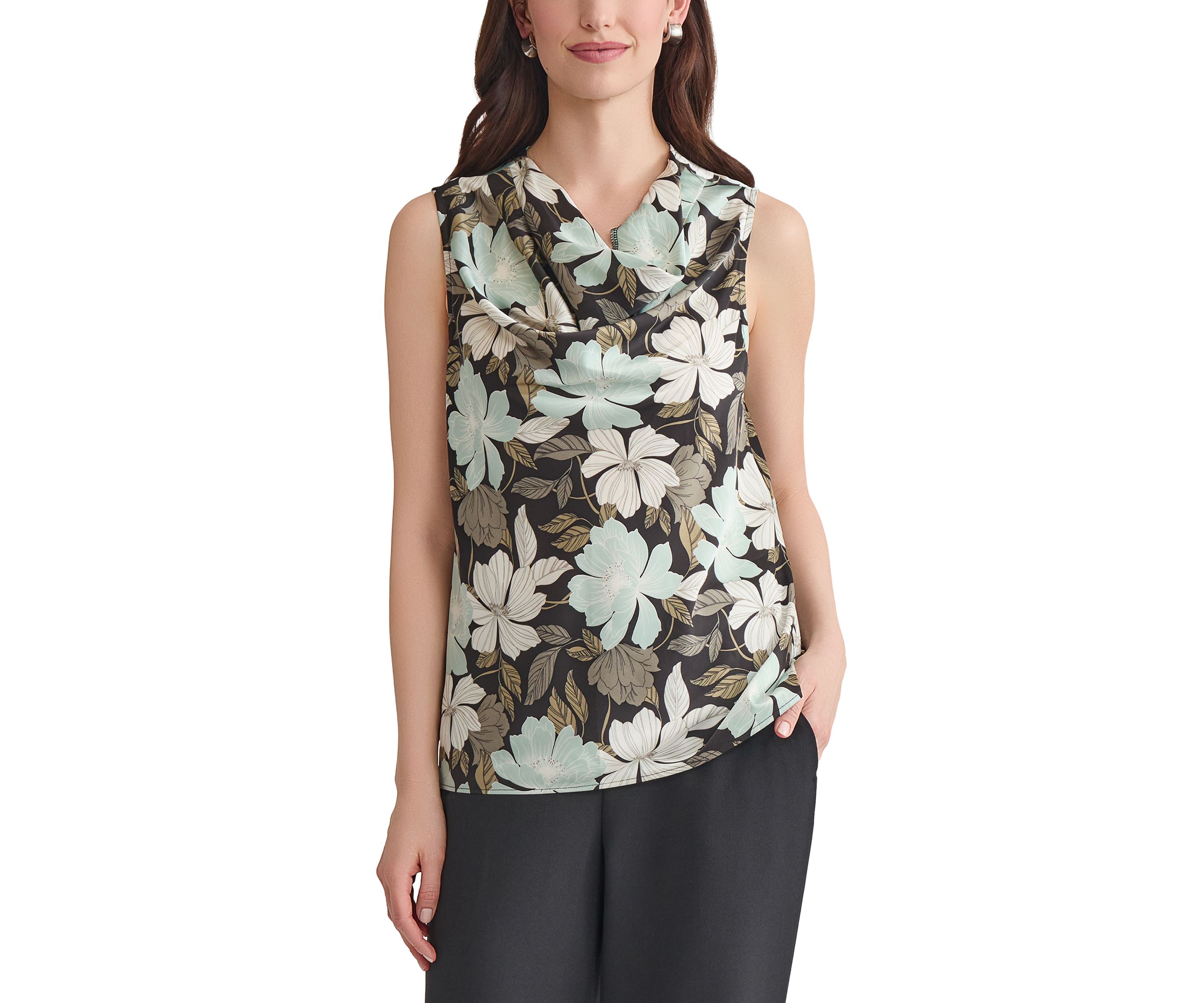 Womens Floral Printed Cowl Neck Sleeveless Blouse