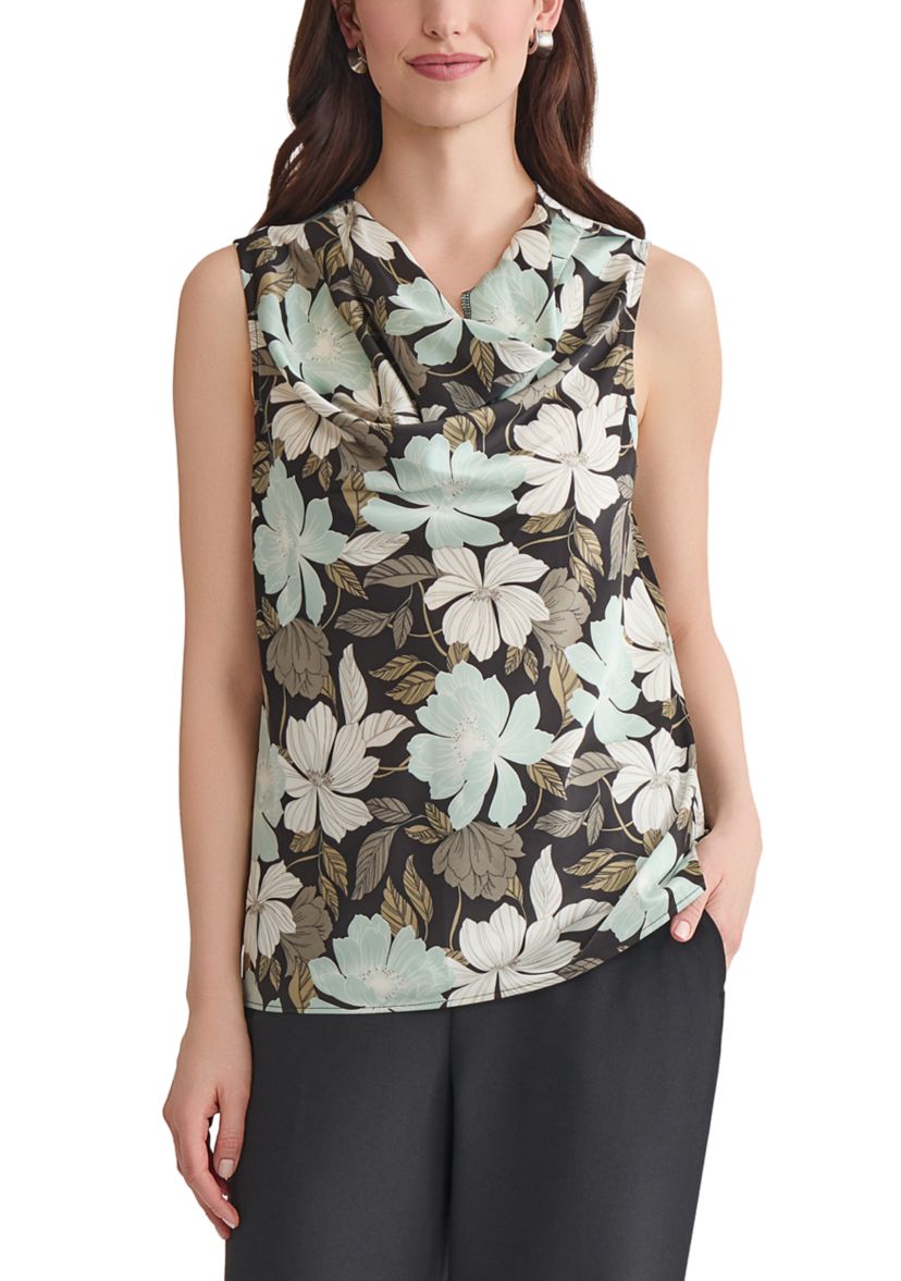 Womens Floral Printed Cowl Neck Sleeveless Blouse