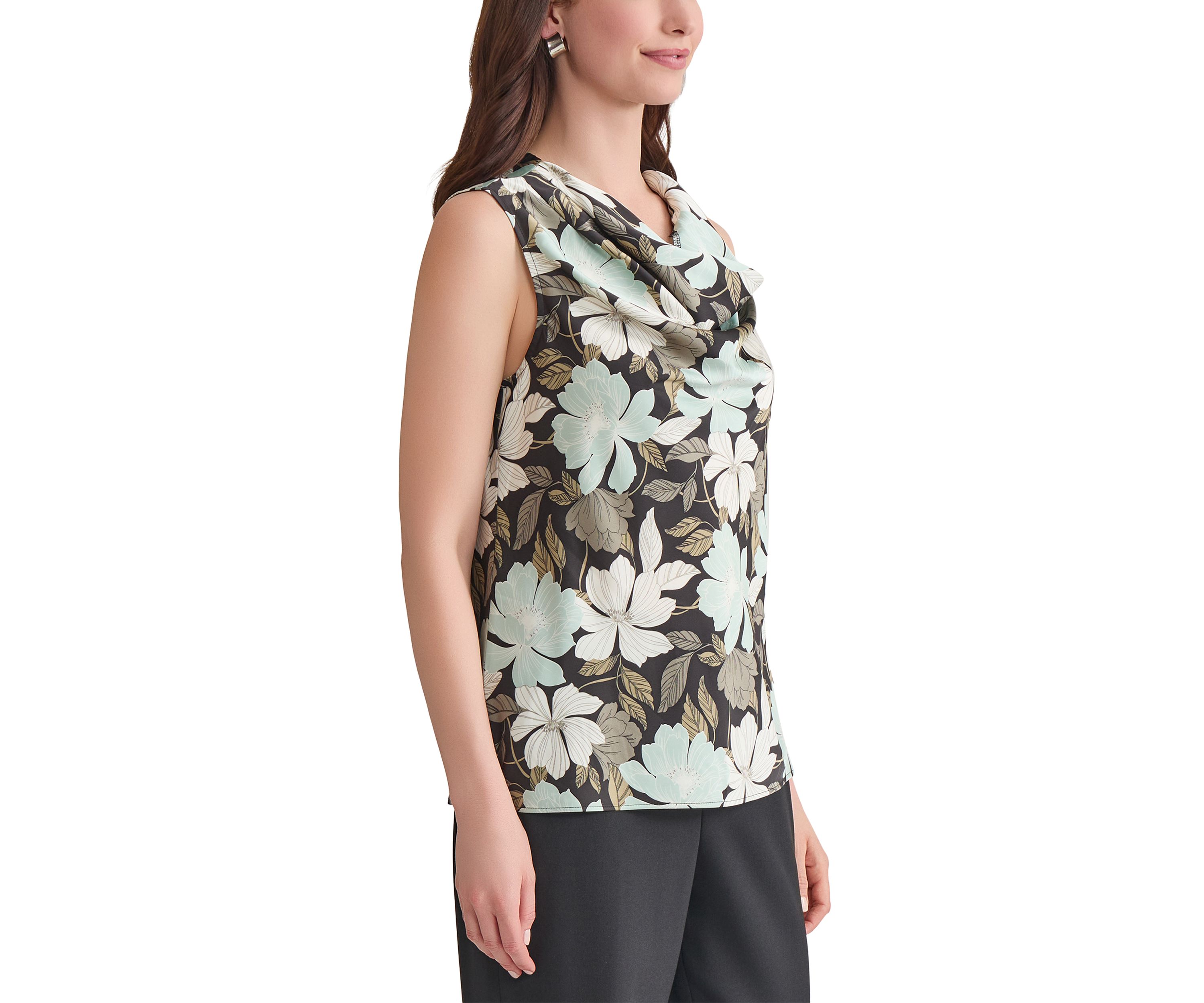 Womens Floral Printed Cowl Neck Sleeveless Blouse