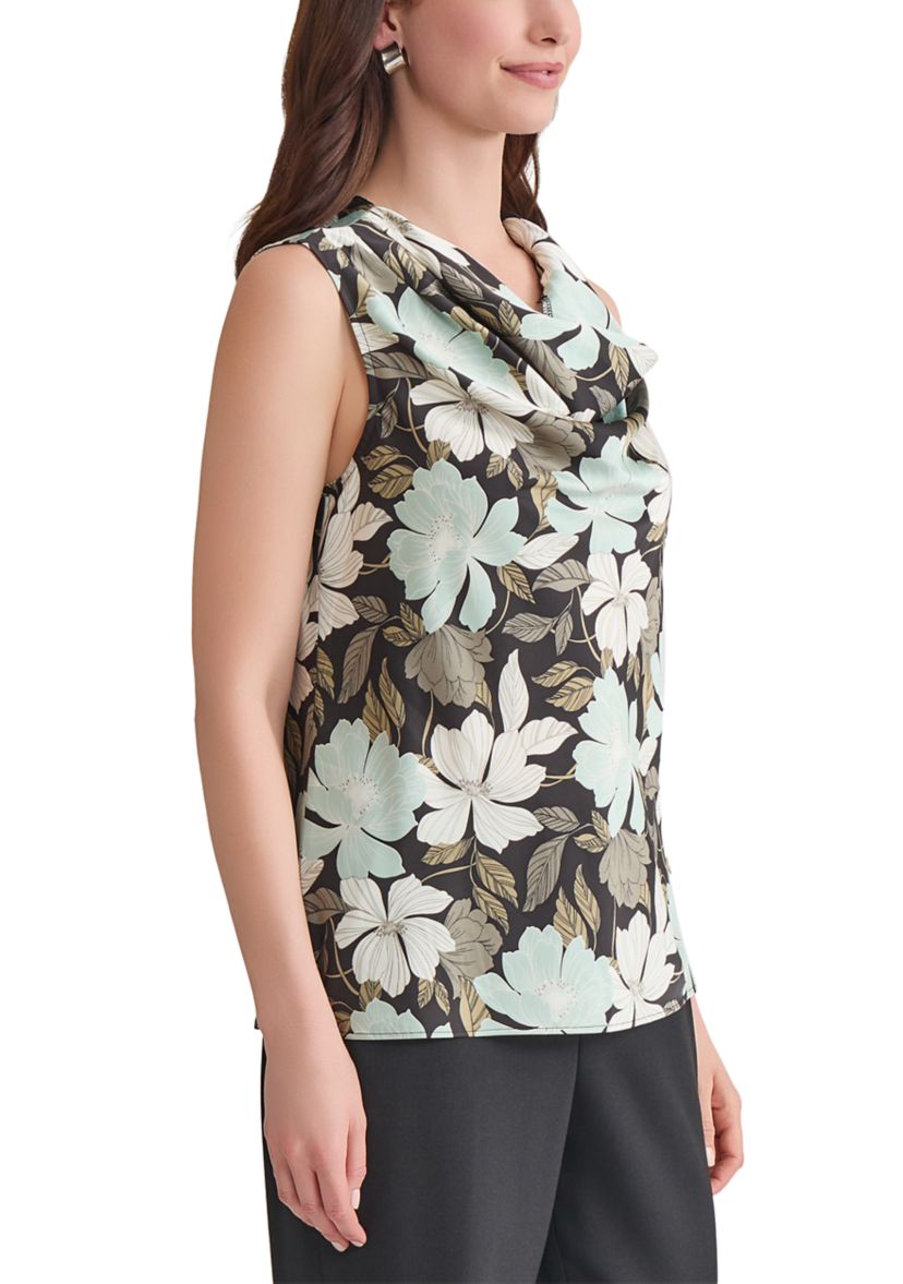 Womens Floral Printed Cowl Neck Sleeveless Blouse