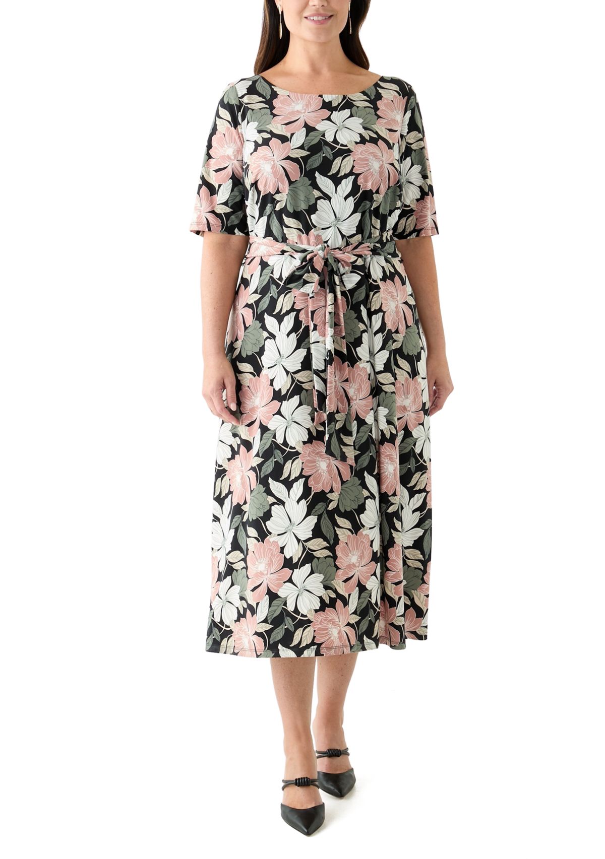 Plus Size Floral Print Elbow Sleeve Dress 