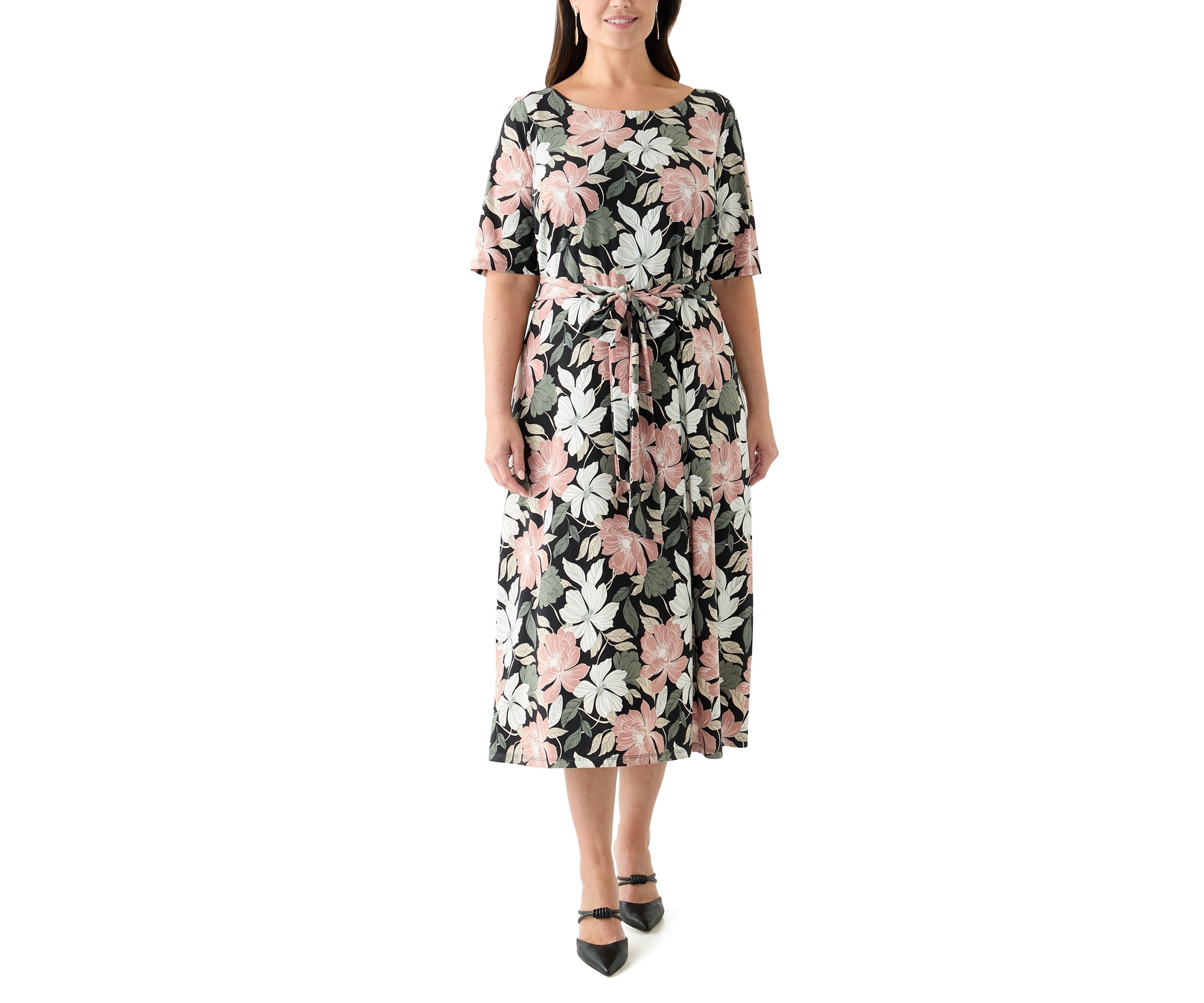 Plus Size Floral Print Elbow Sleeve Dress 