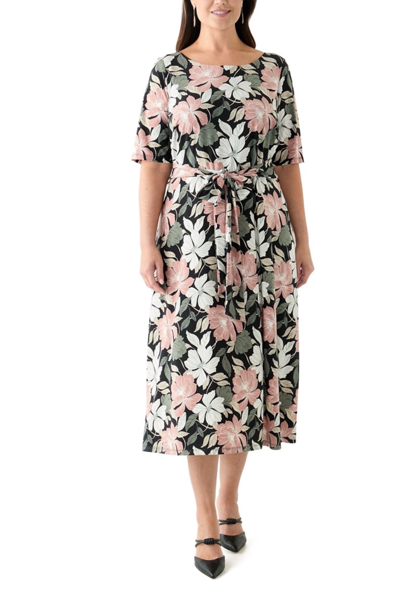 Plus Size Floral Print Elbow Sleeve Dress 