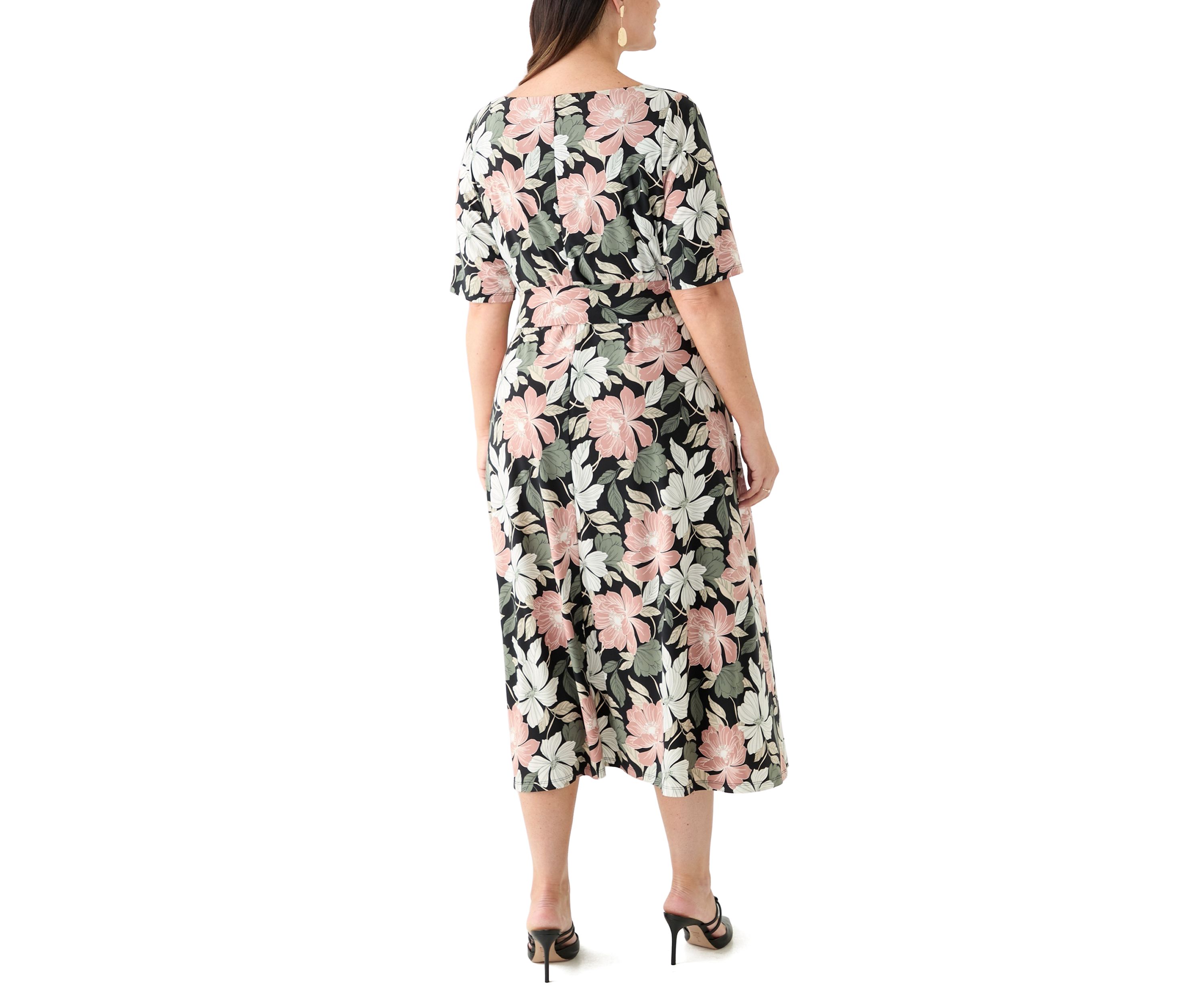 Plus Size Floral Print Elbow Sleeve Dress 