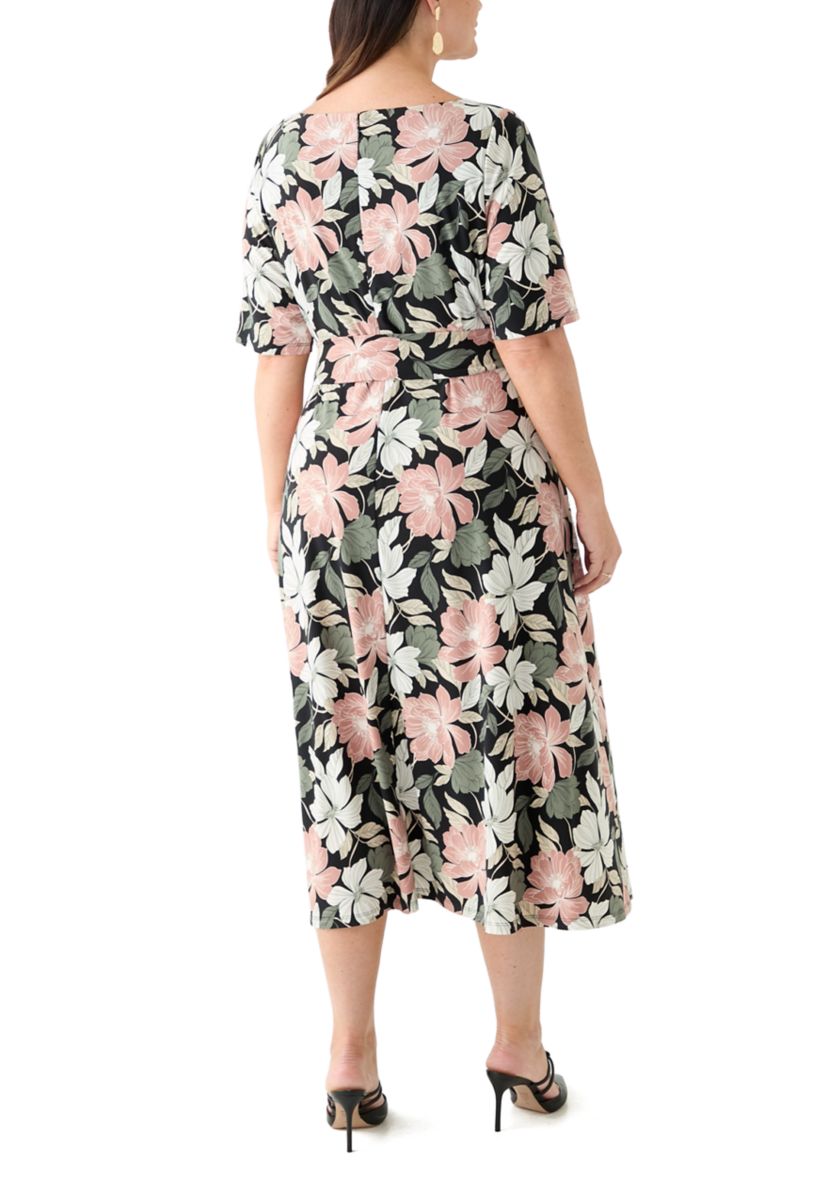 Plus Size Floral Print Elbow Sleeve Dress 