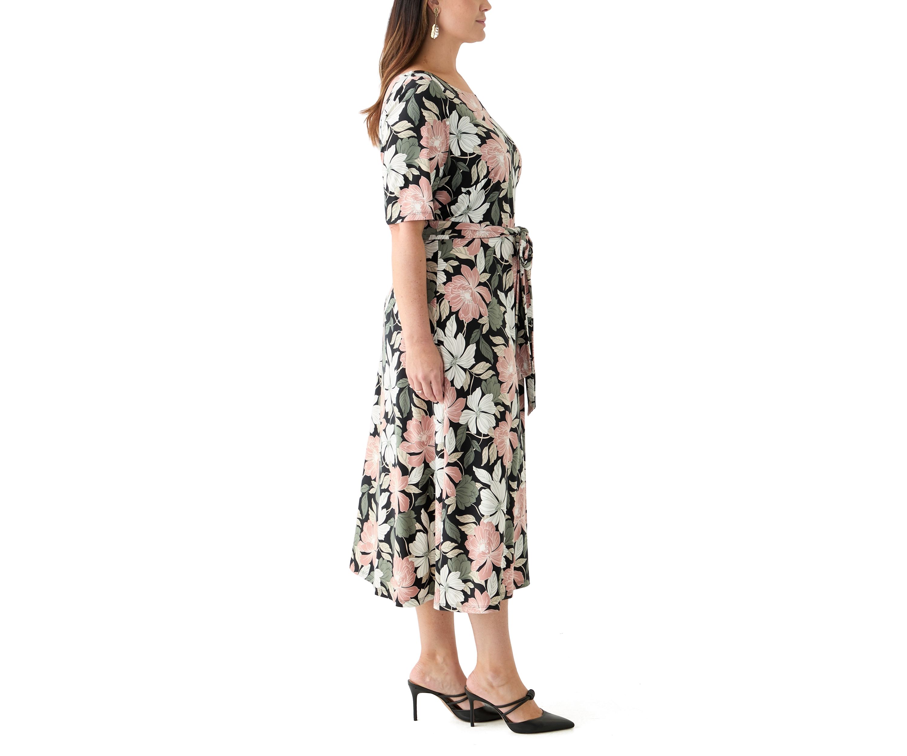 Plus Size Floral Print Elbow Sleeve Dress 