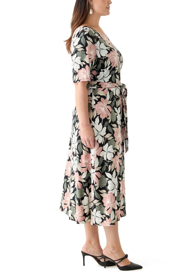 Plus Size Floral Print Elbow Sleeve Dress 