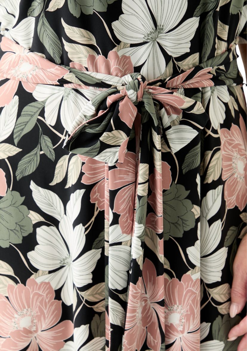 Plus Size Floral Print Elbow Sleeve Dress 