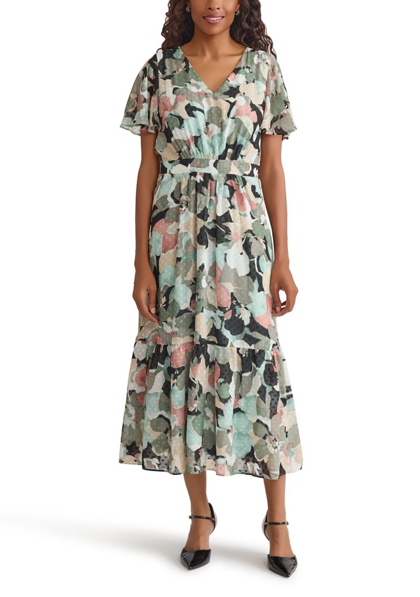 Womens Multi Floral Printed Clipdot Maxi Dress