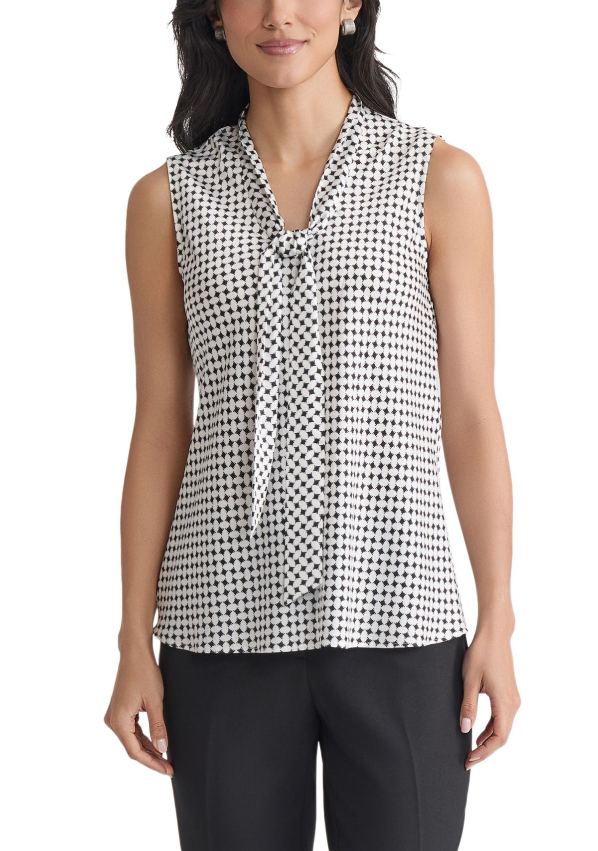 Womens Geo Printed Sleeveless Tie Neck Blouse