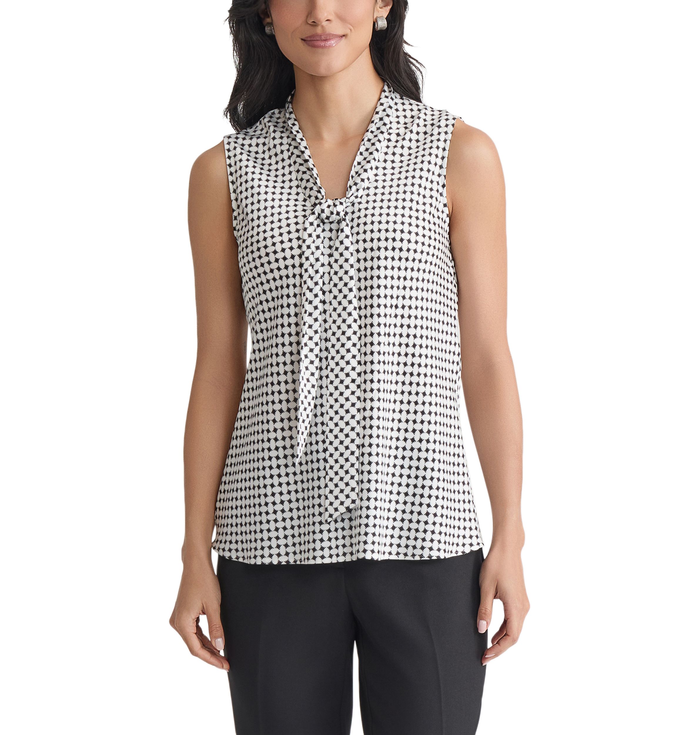 Womens Geo Printed Sleeveless Tie Neck Blouse