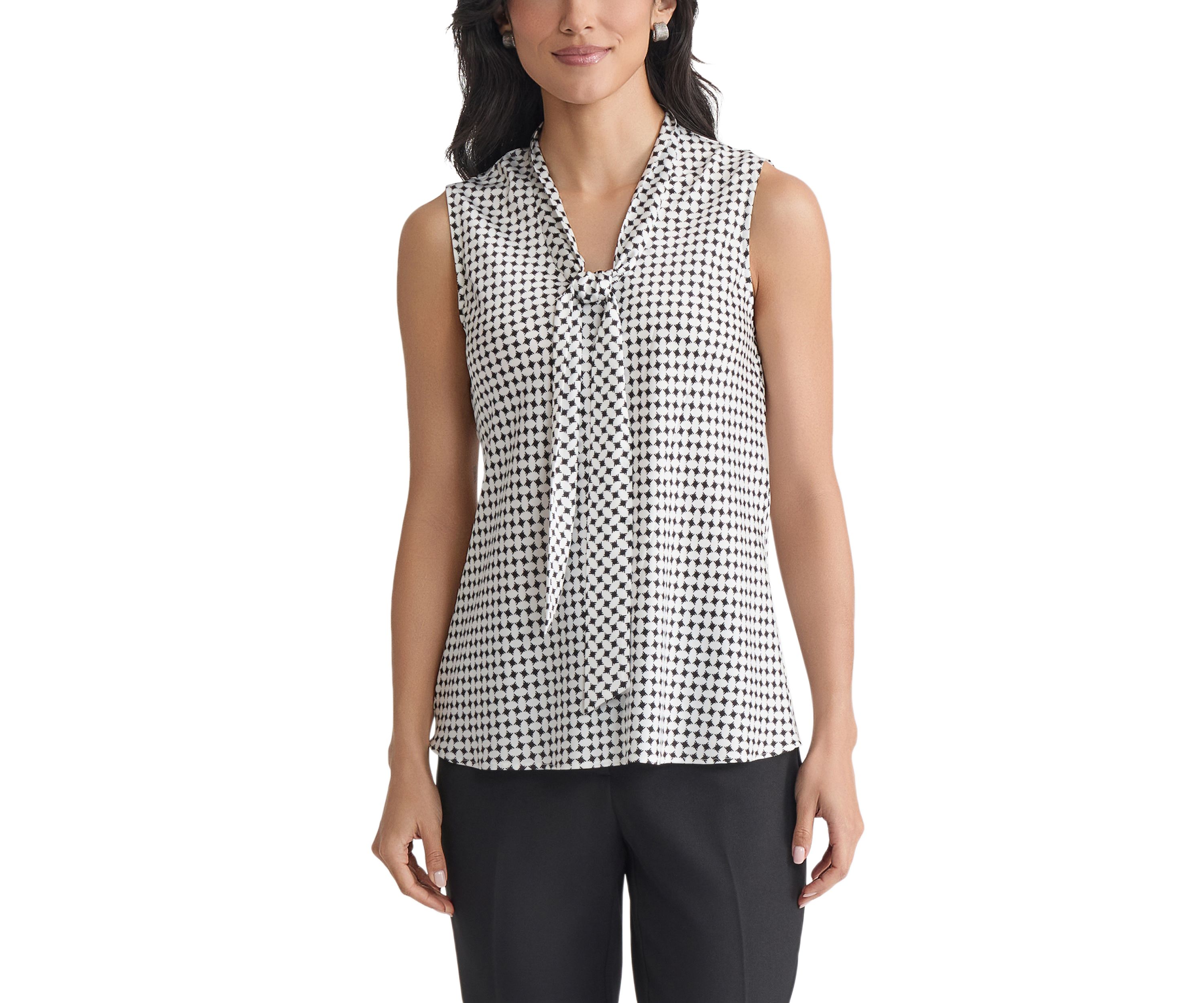 Womens Geo Printed Sleeveless Tie Neck Blouse