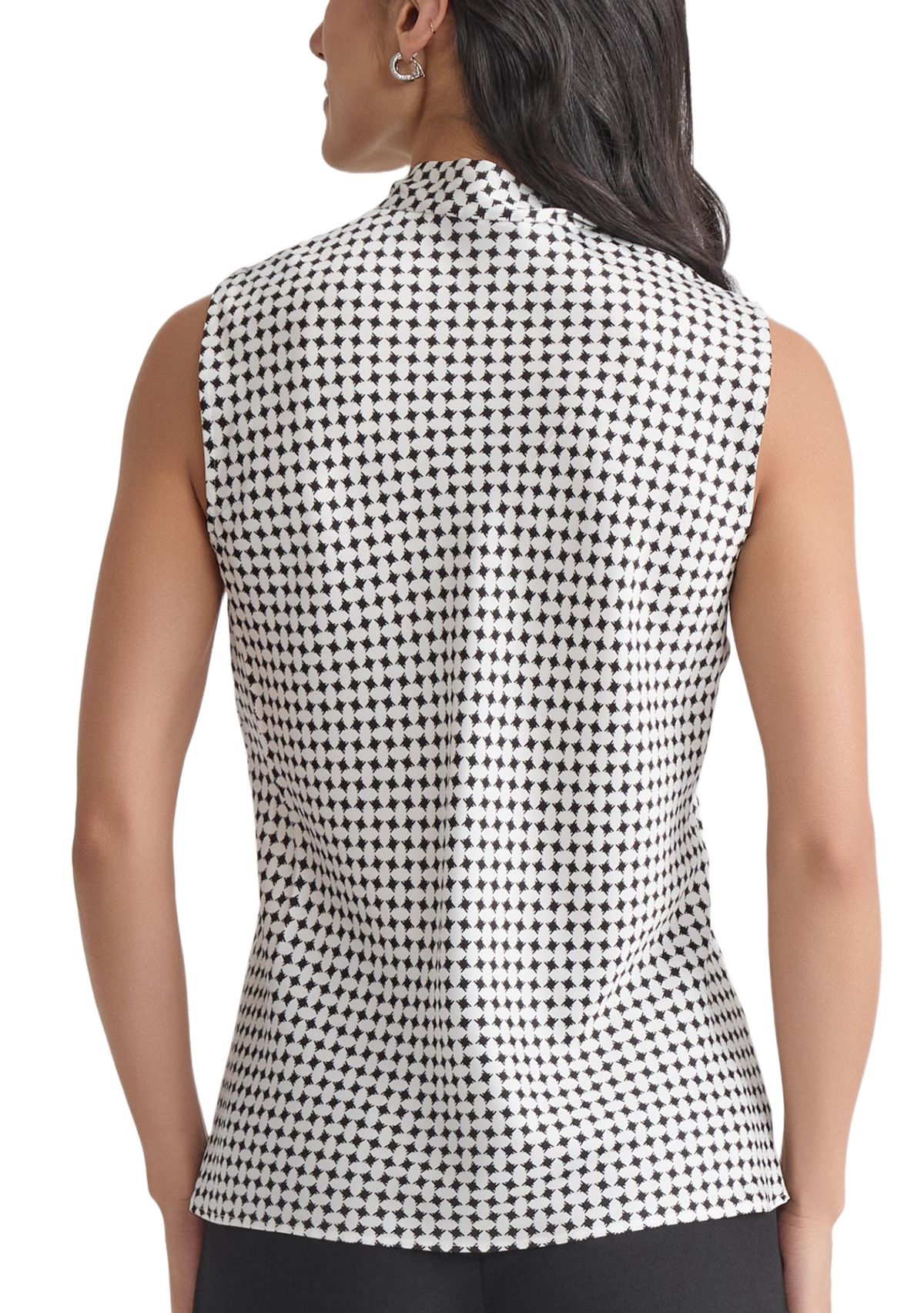 Womens Geo Printed Sleeveless Tie Neck Blouse