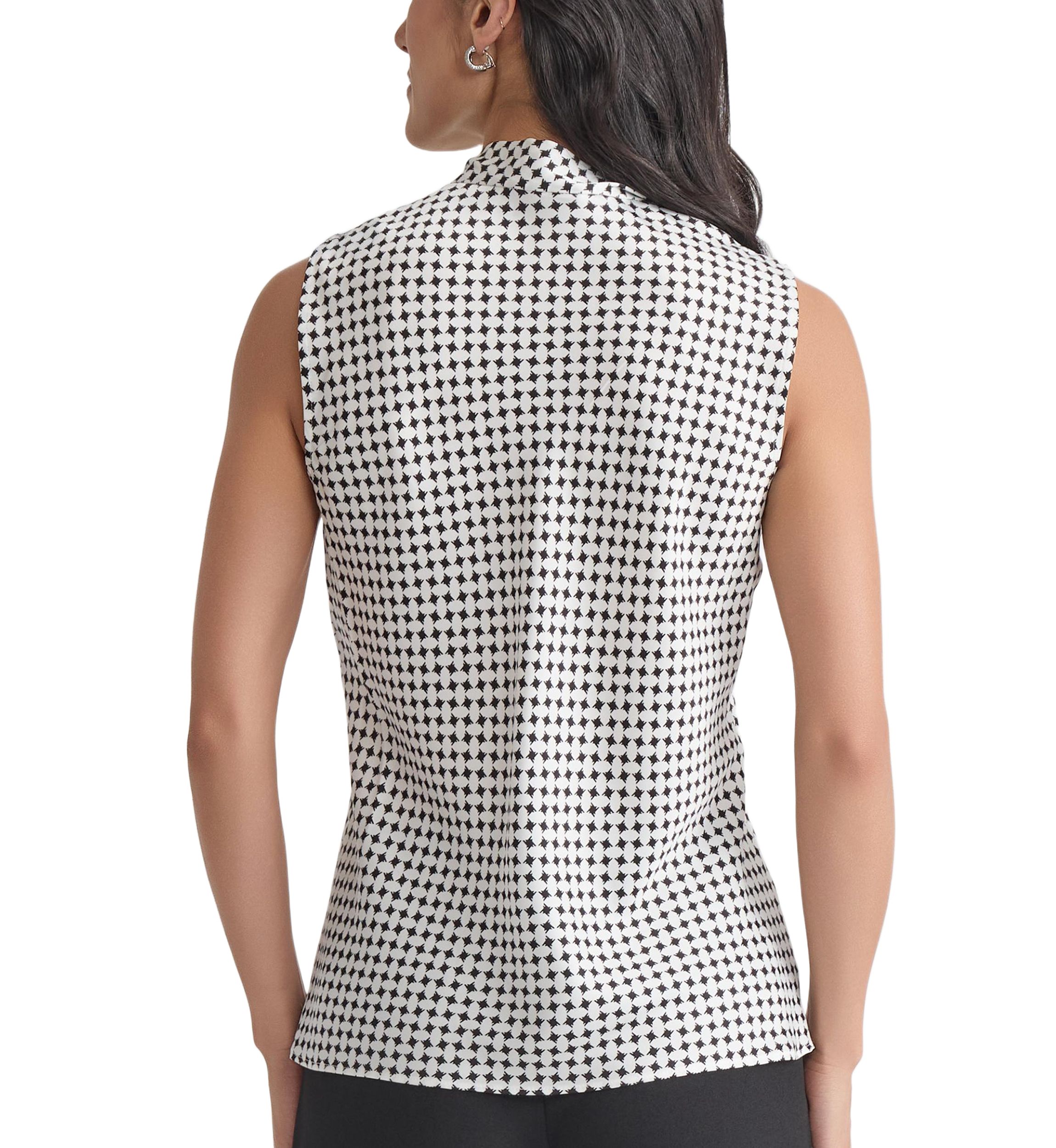 Womens Geo Printed Sleeveless Tie Neck Blouse