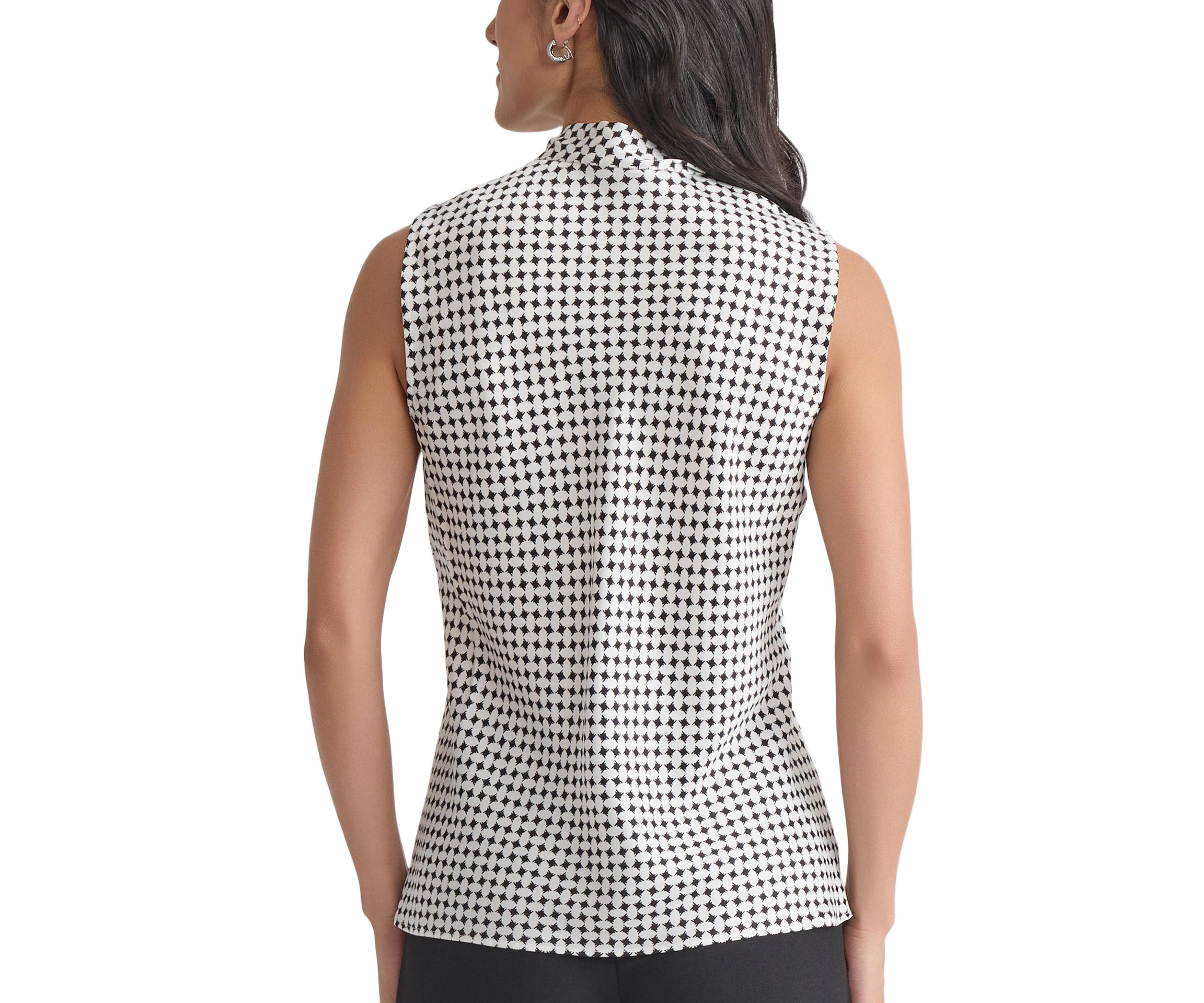 Womens Geo Printed Sleeveless Tie Neck Blouse