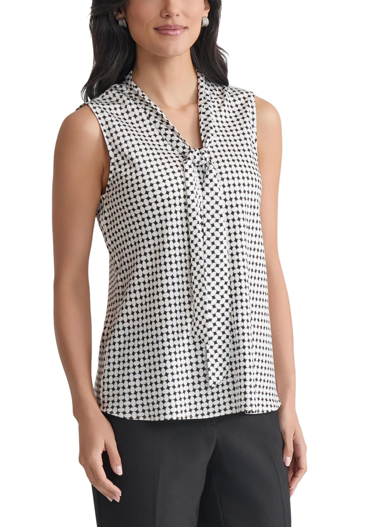 Womens Geo Printed Sleeveless Tie Neck Blouse