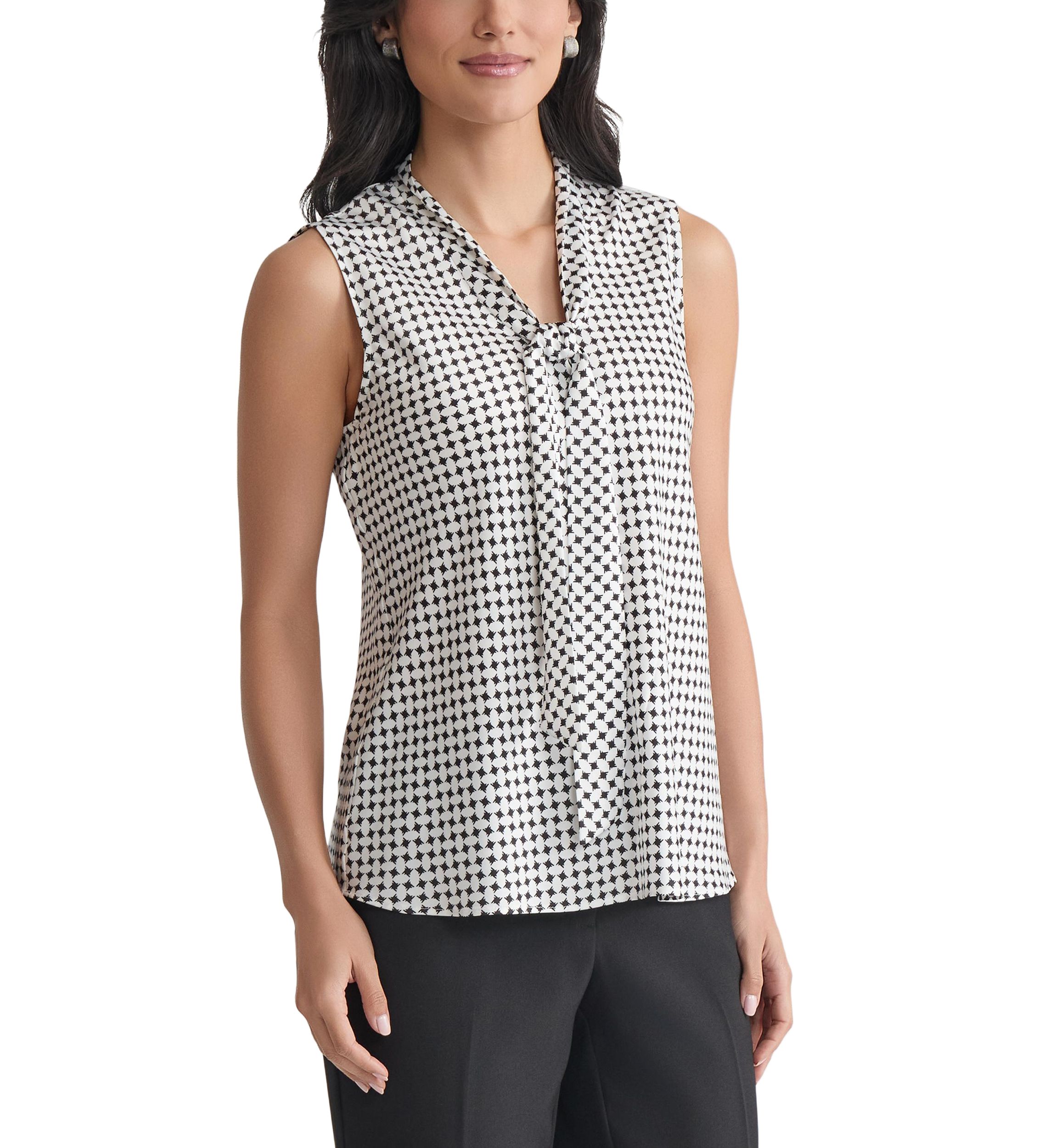 Womens Geo Printed Sleeveless Tie Neck Blouse