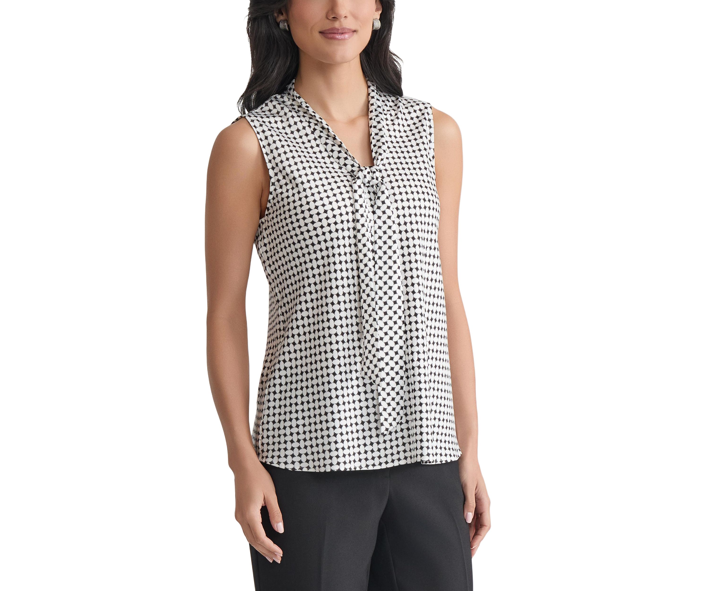 Womens Geo Printed Sleeveless Tie Neck Blouse