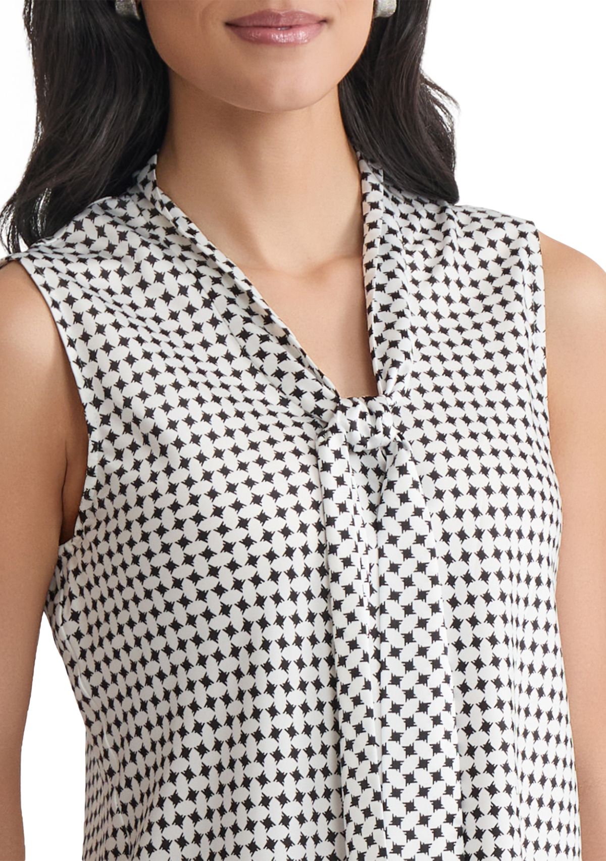 Womens Geo Printed Sleeveless Tie Neck Blouse
