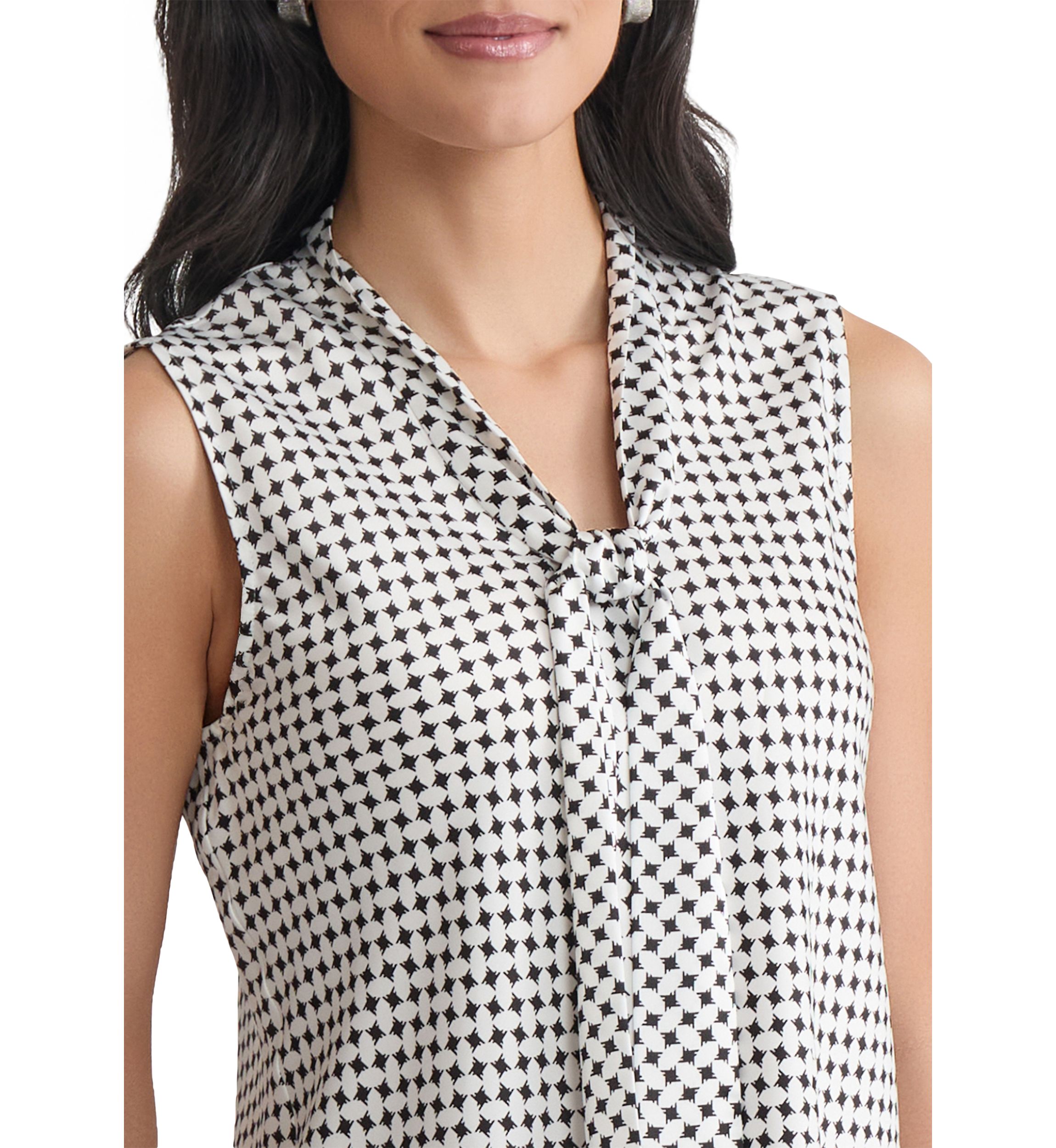 Womens Geo Printed Sleeveless Tie Neck Blouse
