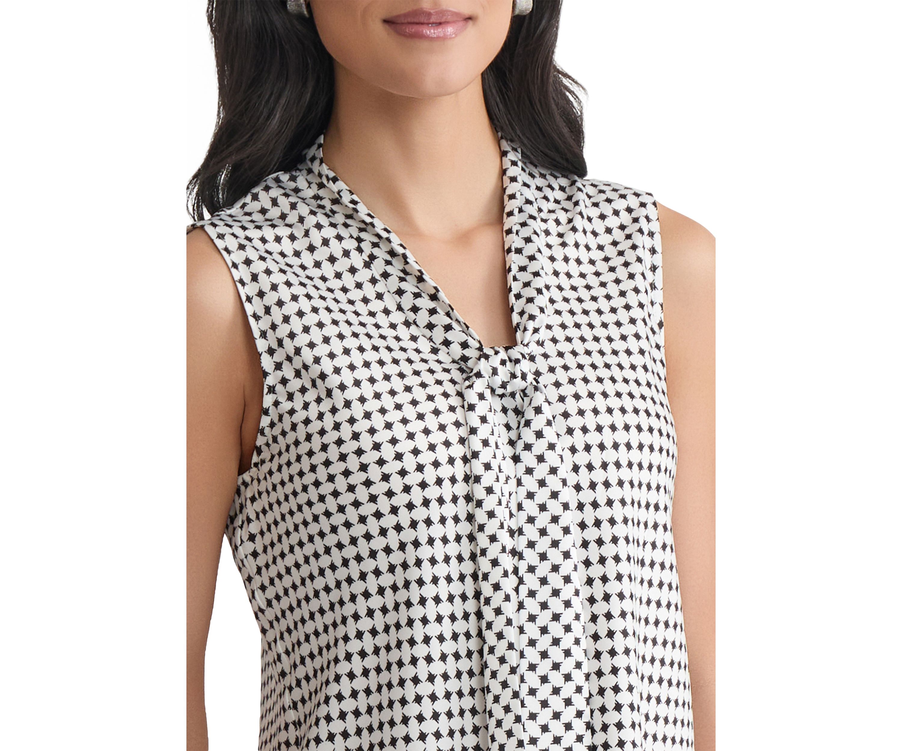 Womens Geo Printed Sleeveless Tie Neck Blouse