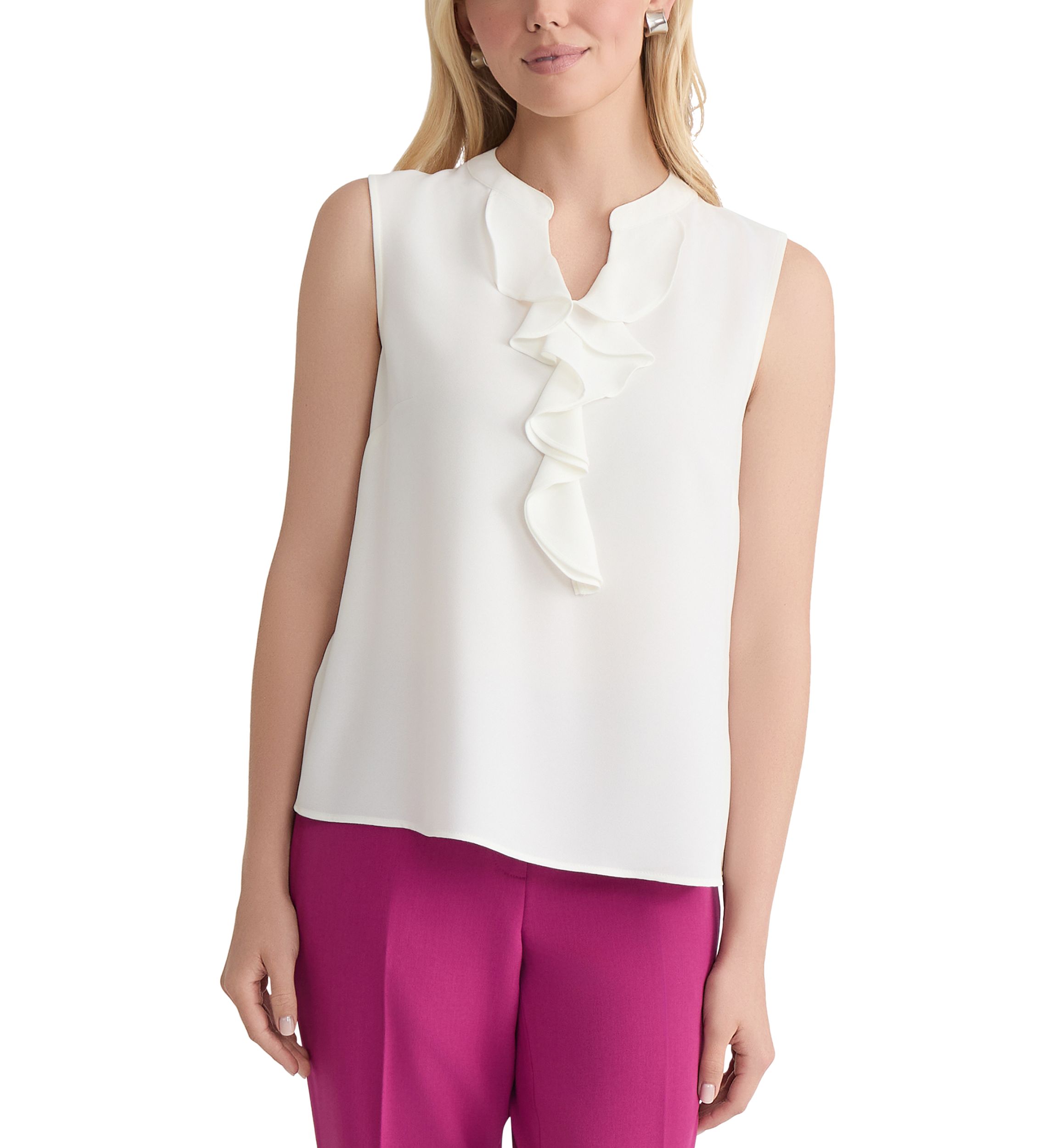 Womens Sleeveless Crepe Ruffle Front Blouse 