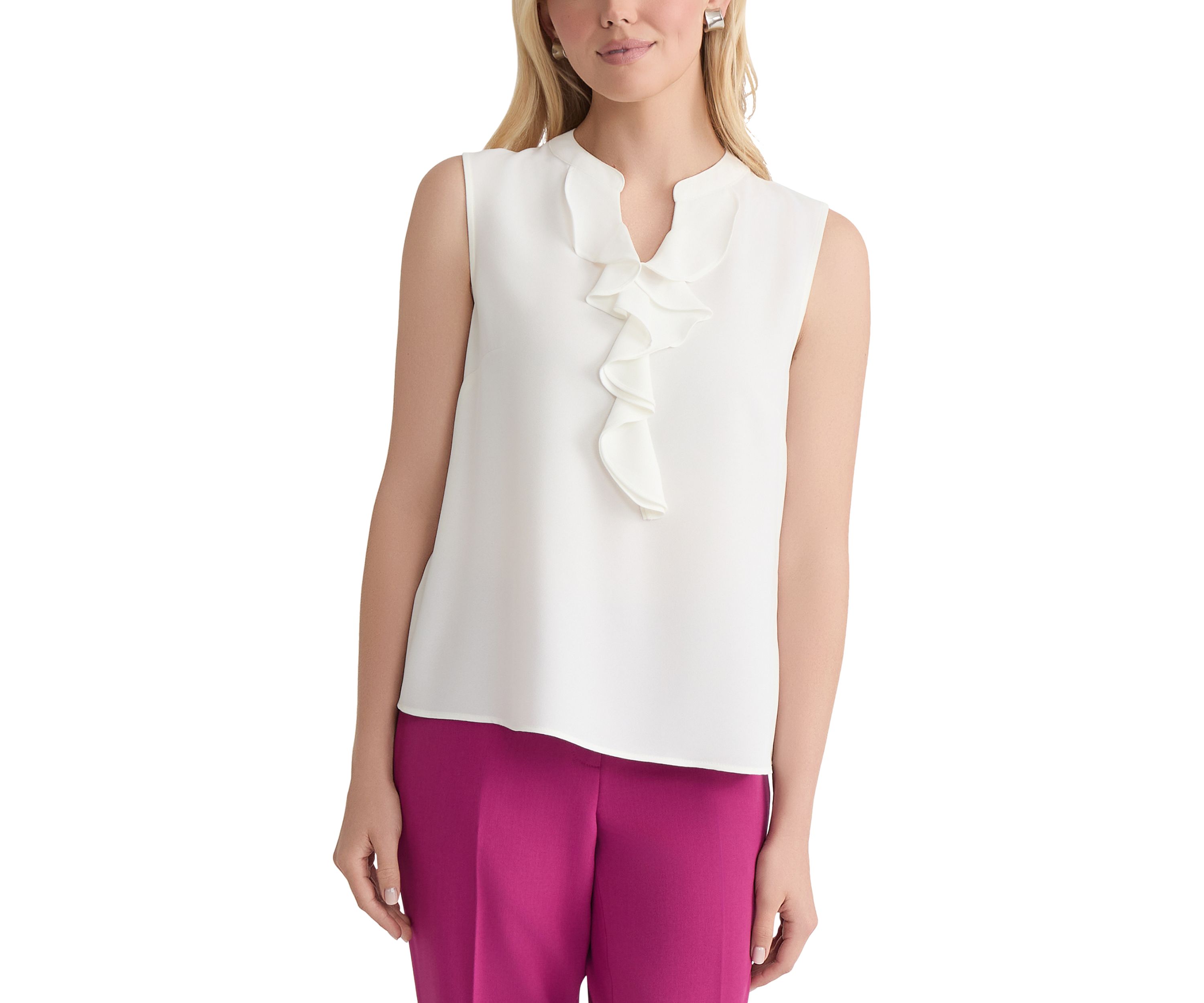 Womens Sleeveless Crepe Ruffle Front Blouse 