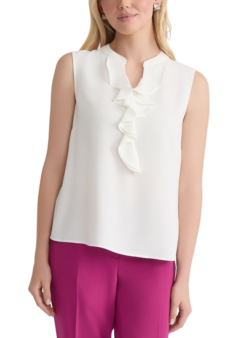 Womens Sleeveless Crepe Ruffle Front Blouse 