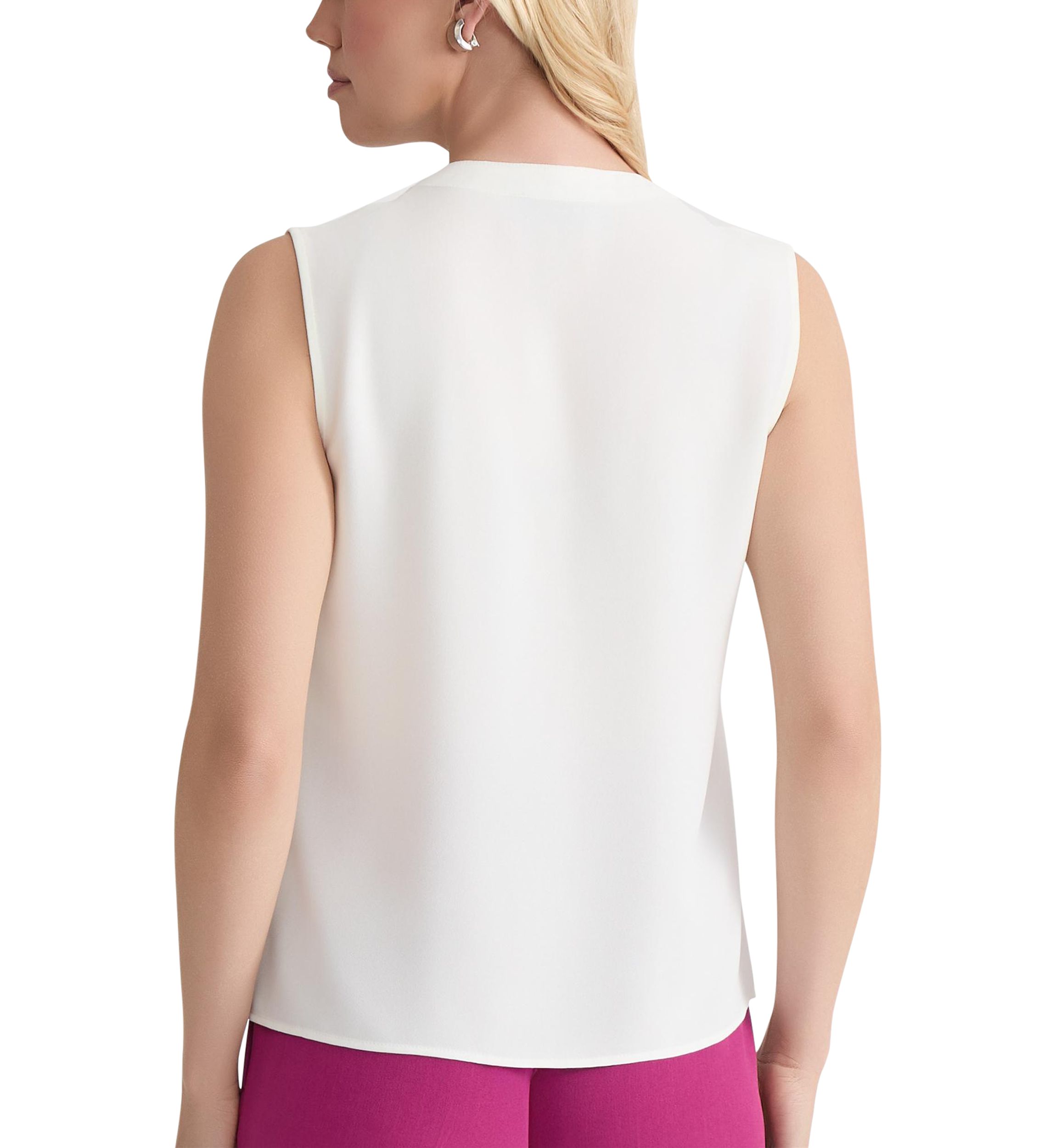 Womens Sleeveless Crepe Ruffle Front Blouse 