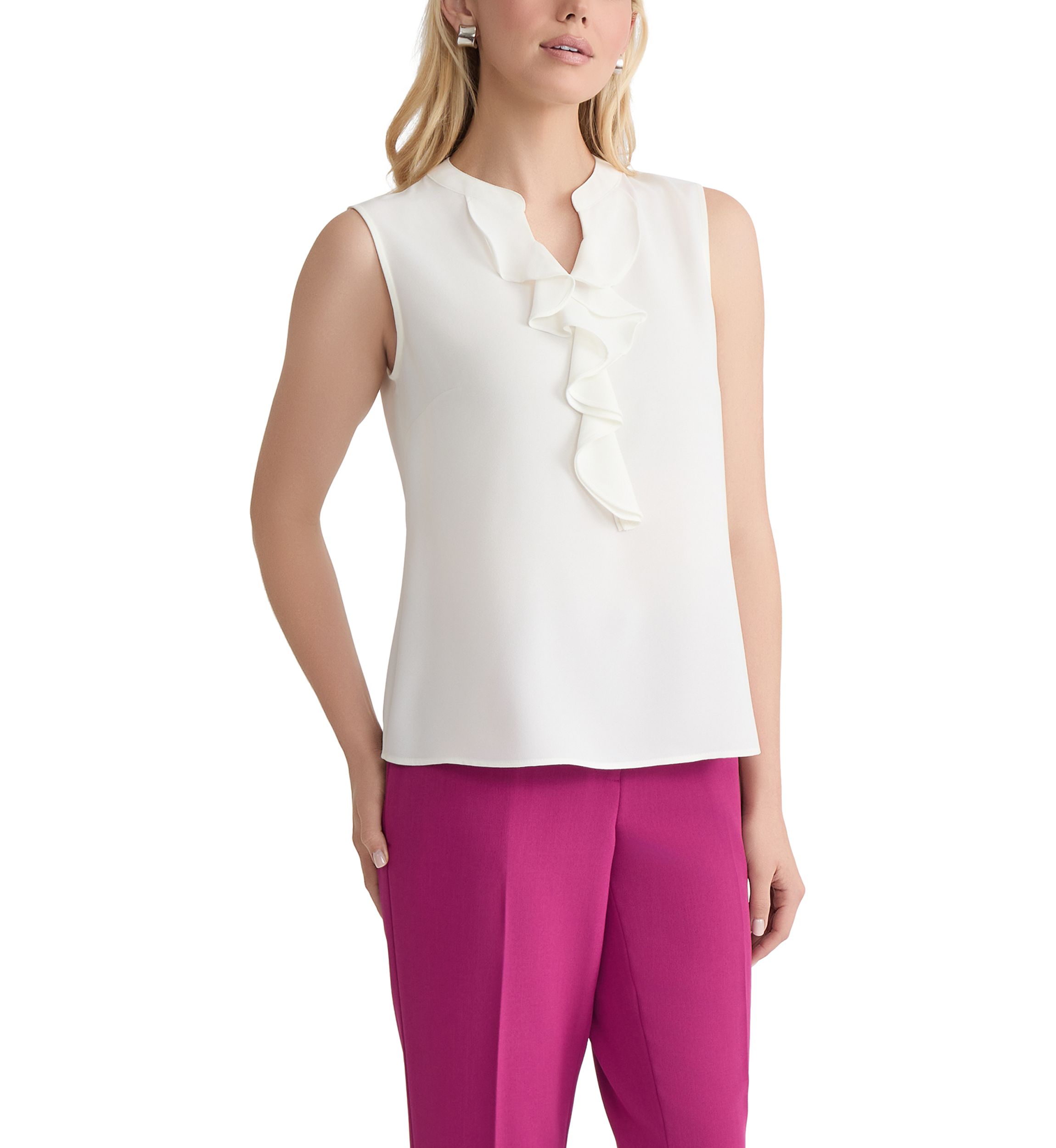 Womens Sleeveless Crepe Ruffle Front Blouse 