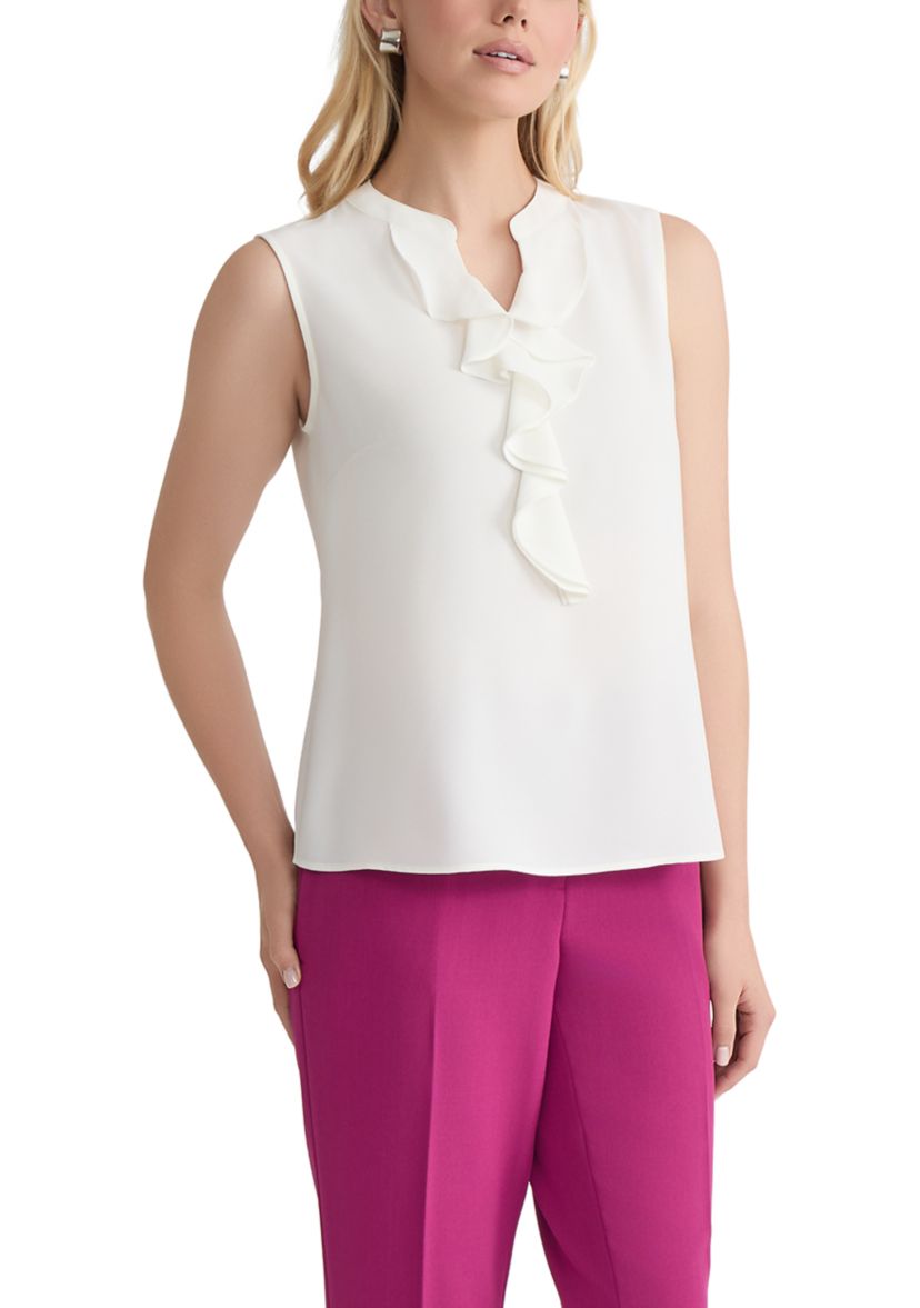 Womens Sleeveless Crepe Ruffle Front Blouse 