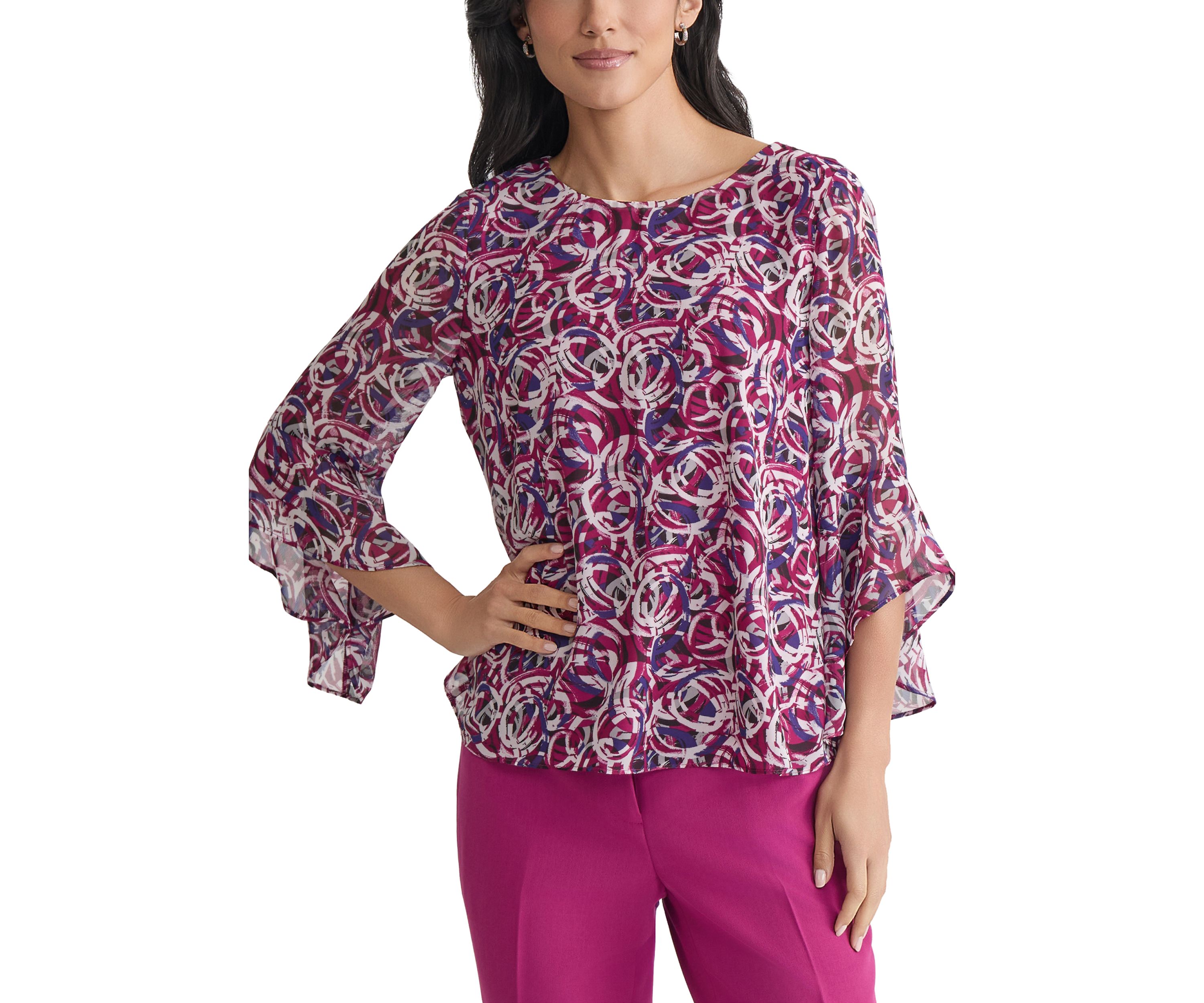 Womens Circle Printed Ruffle Bell Sleeve Blouse