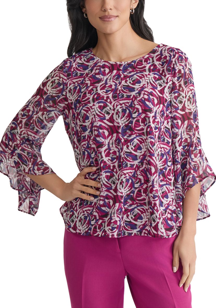 Womens Circle Printed Ruffle Bell Sleeve Blouse