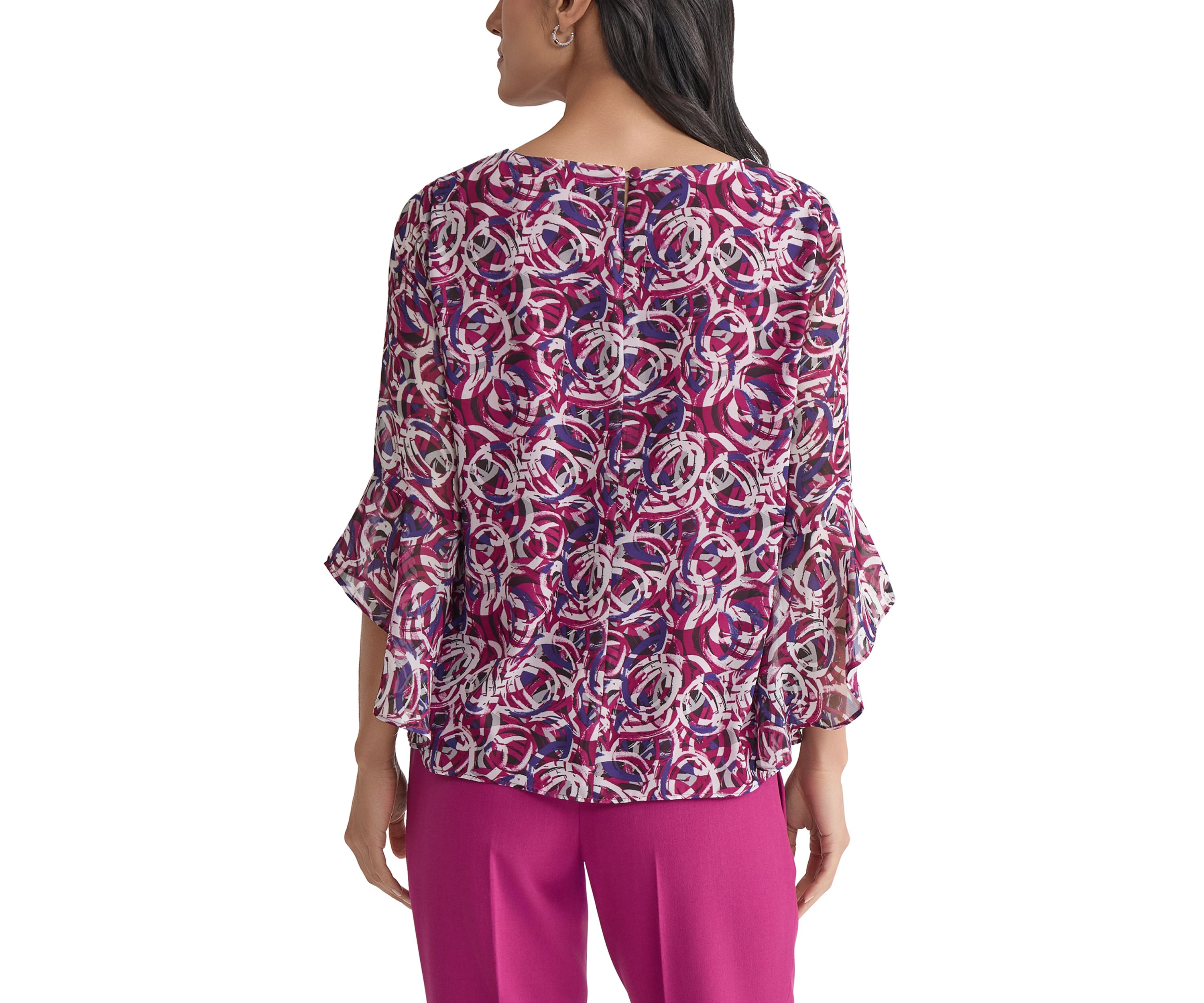 Womens Circle Printed Ruffle Bell Sleeve Blouse