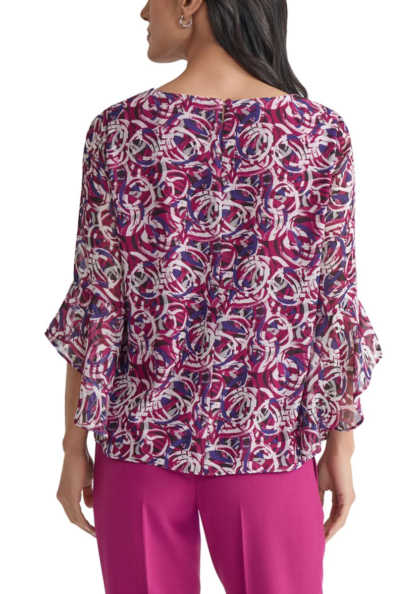 Womens Circle Printed Ruffle Bell Sleeve Blouse
