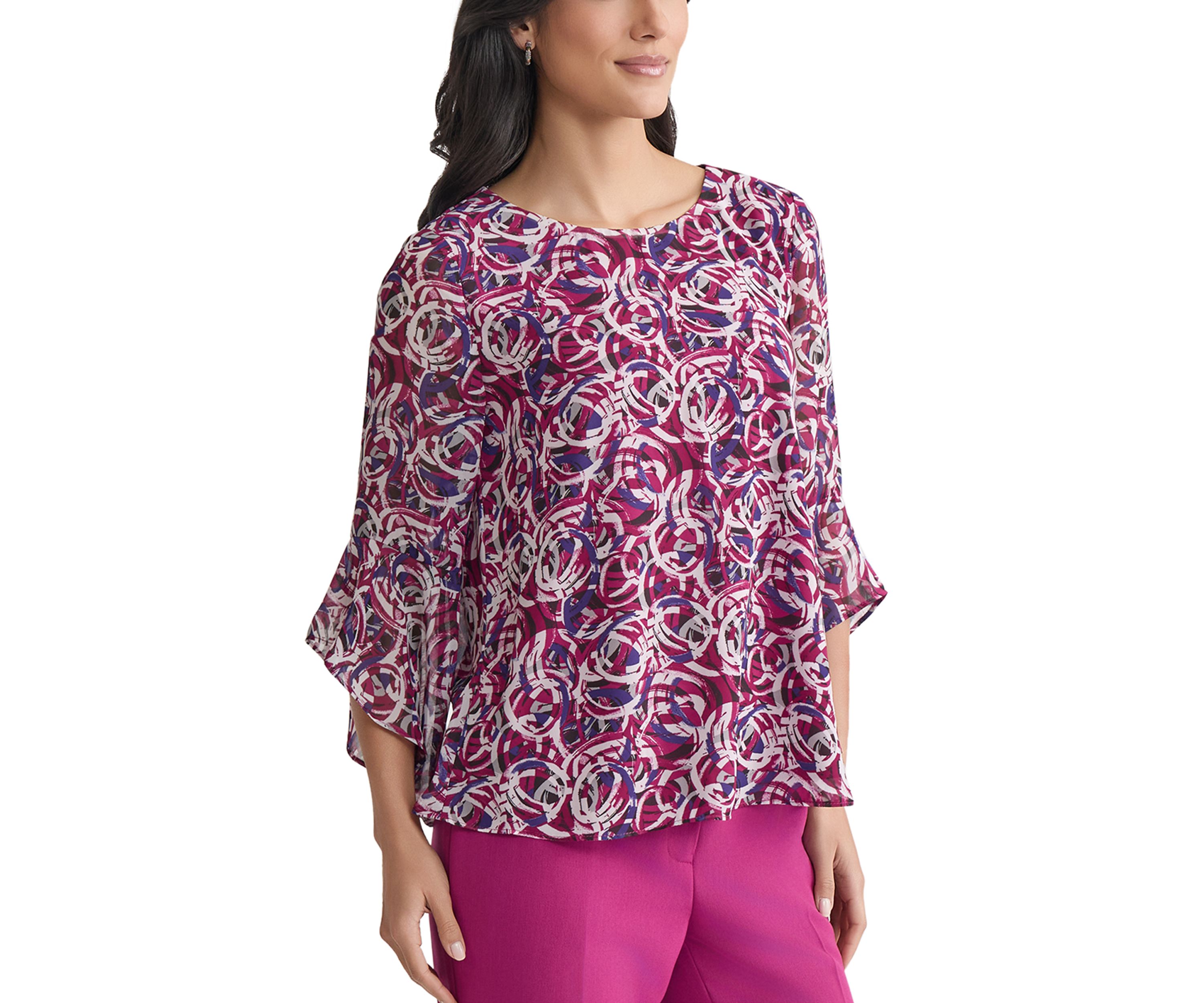 Womens Circle Printed Ruffle Bell Sleeve Blouse