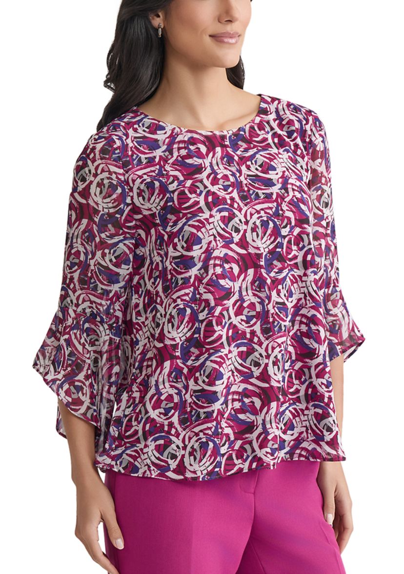 Womens Circle Printed Ruffle Bell Sleeve Blouse