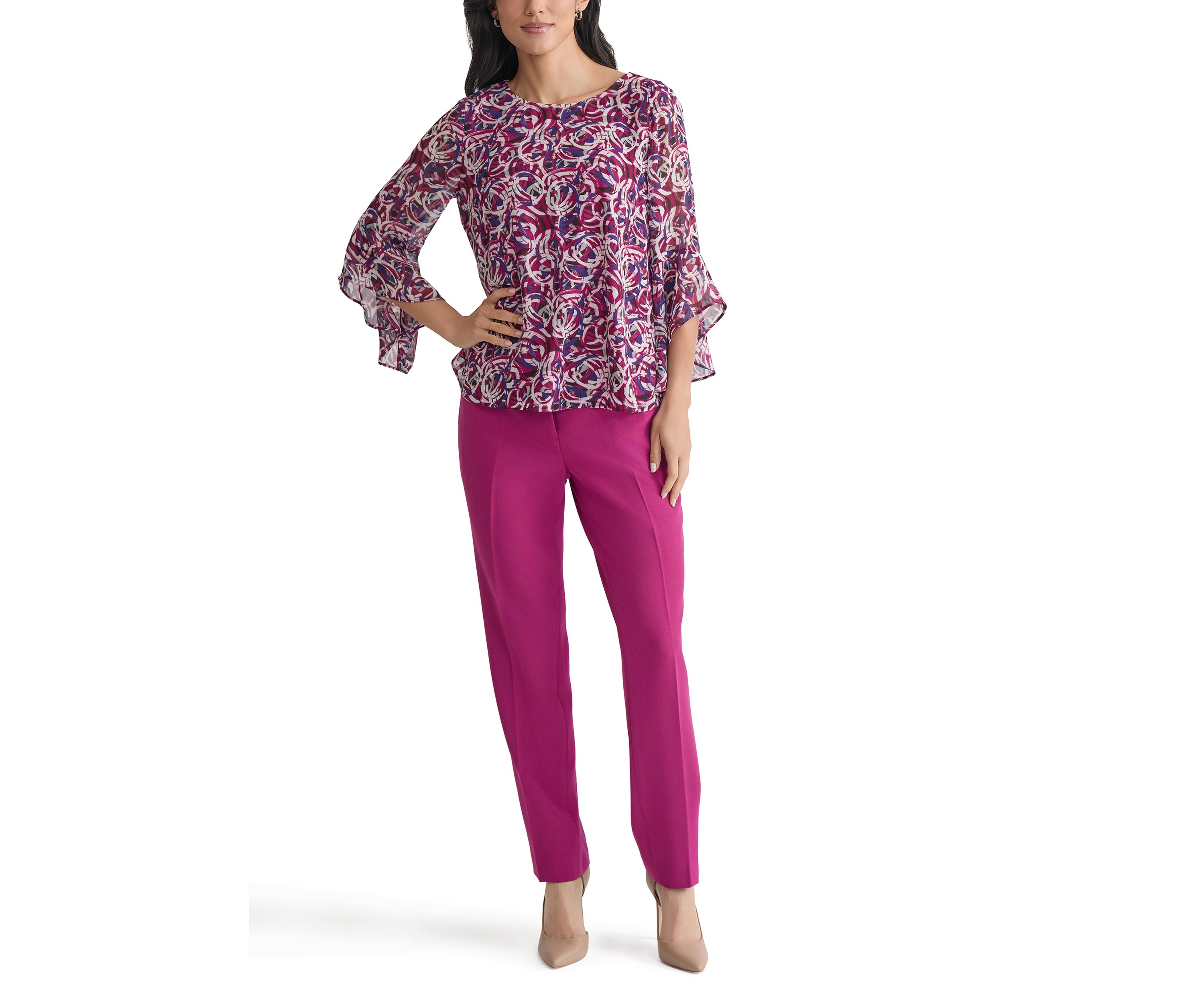 Womens Circle Printed Ruffle Bell Sleeve Blouse