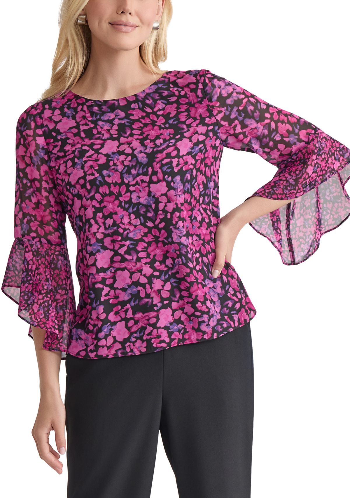 Womens Floral Printed Ruffle Bell Sleeve Blouse